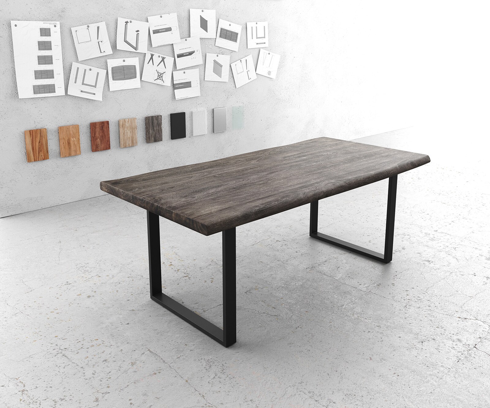 Stół do jadalni Edge 200x100 cm XL akacja platynowa metal wąska rama czarna live-edge