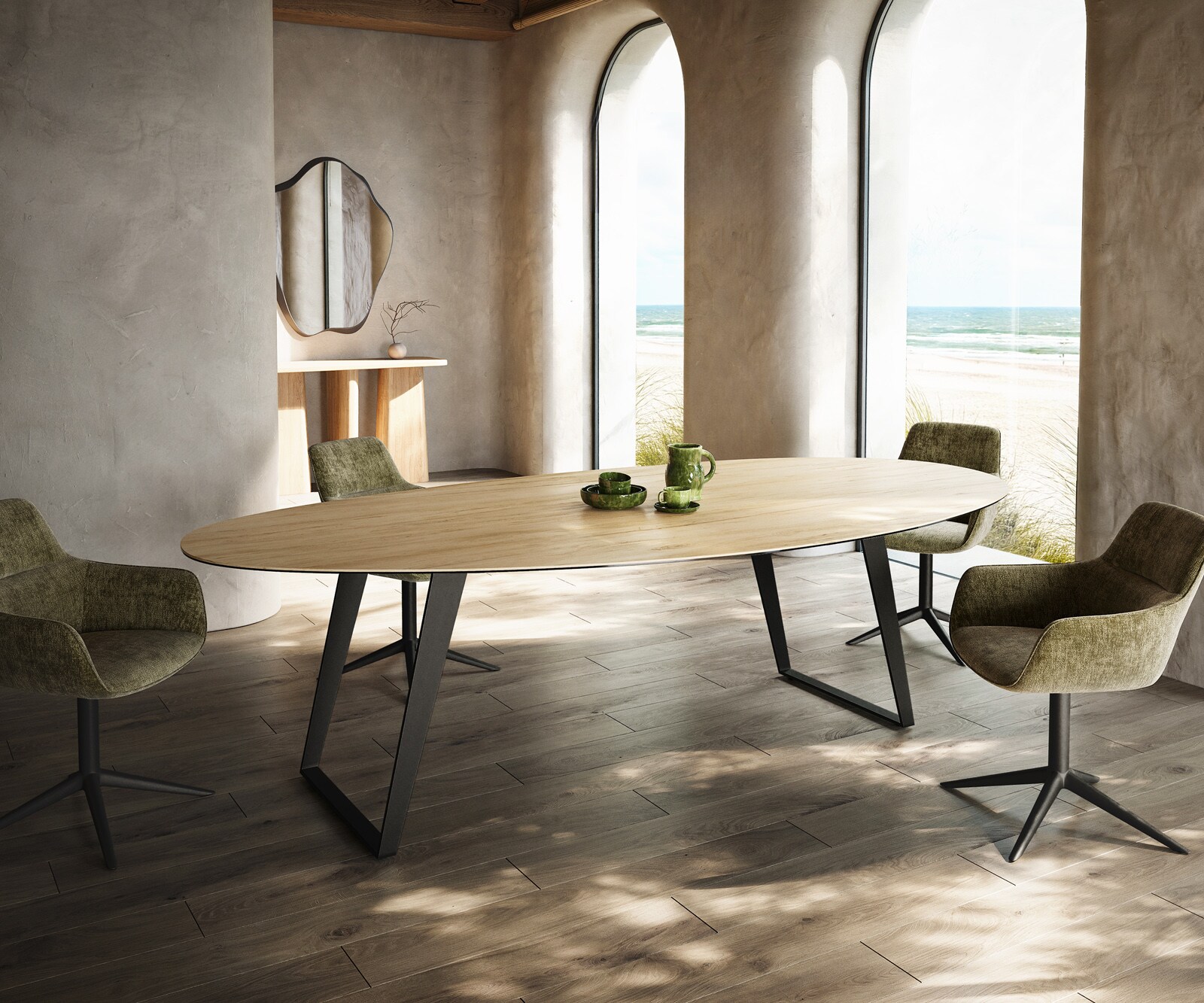 Stół do jadalni Edge owalny 280x130cm ceramika Laminam® Sabbia kolor dębowy rama pochylona metal czarny 1