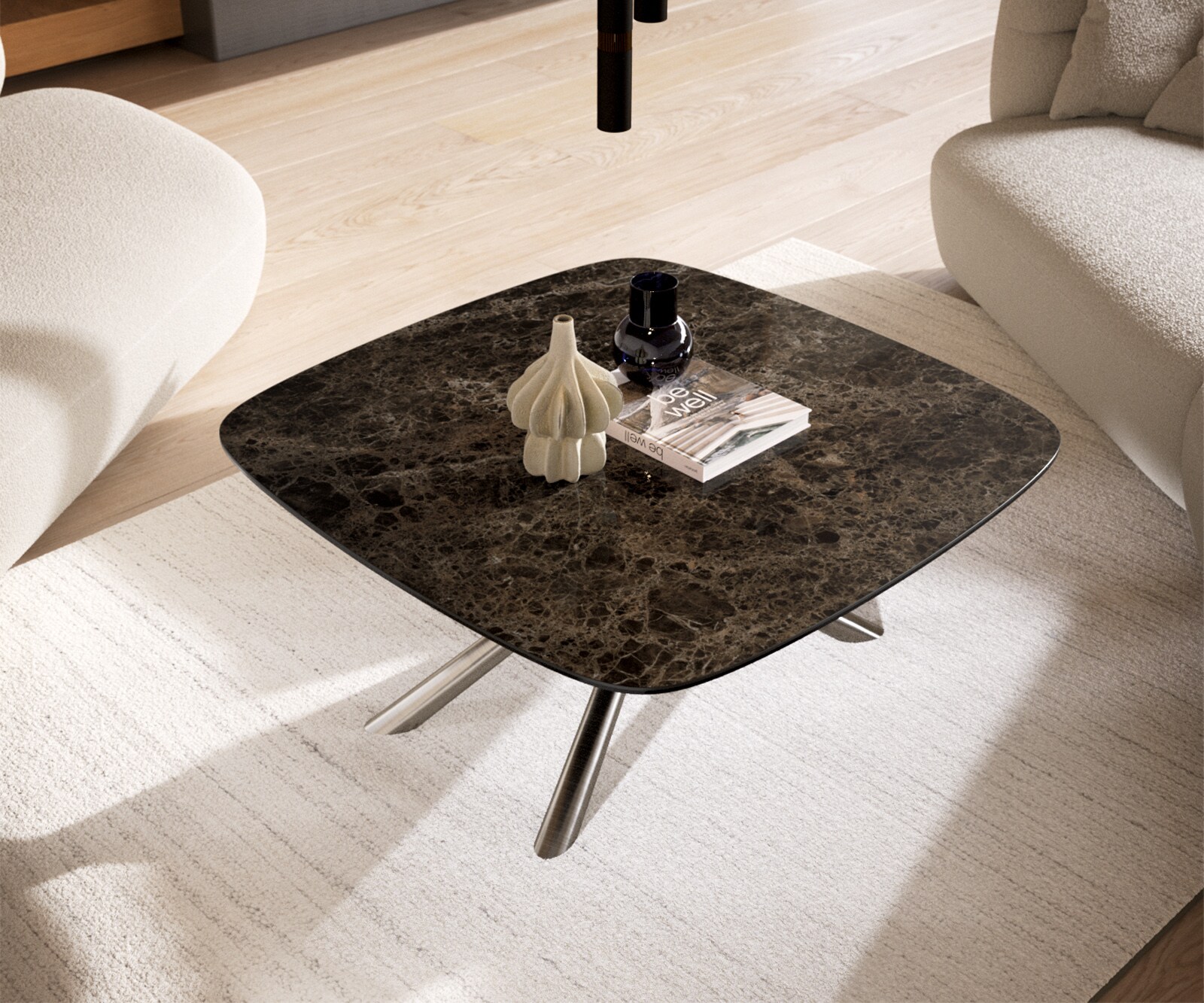 Stolik kawowy Edge w kształcie beczki 90x90 cm ceramika Laminam® Emperador Extra Lucidato ciemnobrązowa podstawa Sarity stal nierdzewna szczotkowana 4