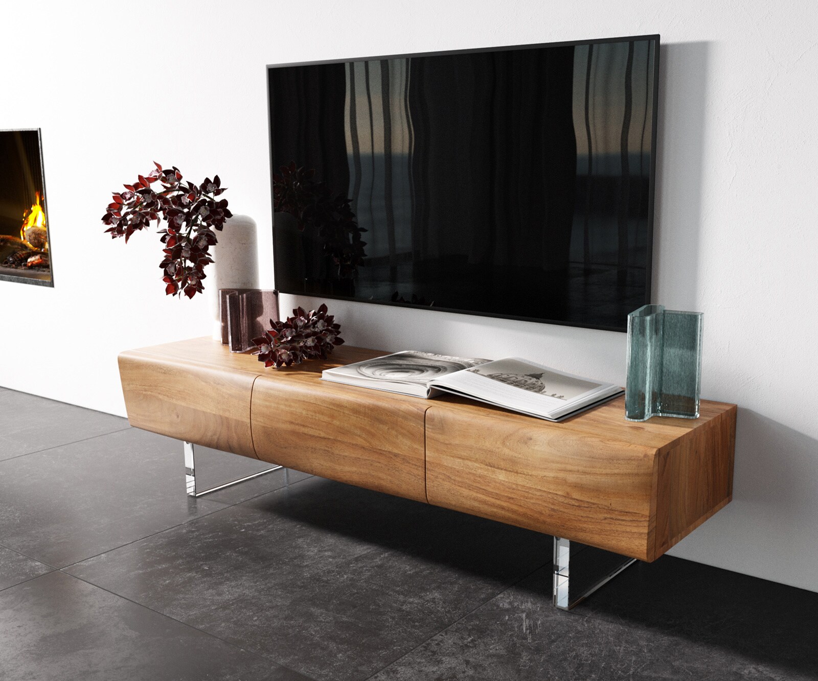 Szafka RTV New Live-Edge 145 cm akacja naturalna 3 drzwi nóżki akrylowe