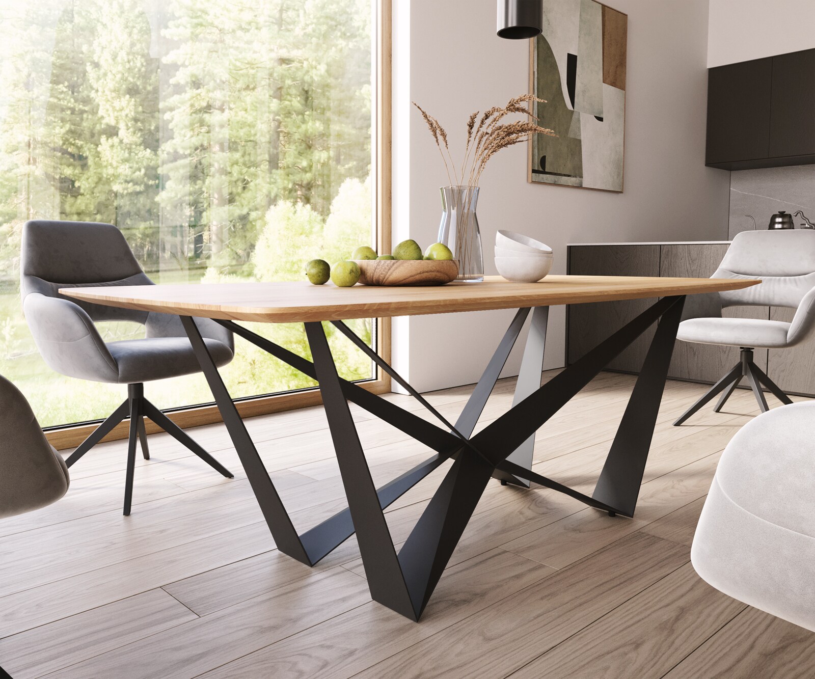 Stół do jadalni Edge w kształcie beczki 200x100x2,5-3 dąb naturalny rama Spider czarna krawędź szwajcarska 3