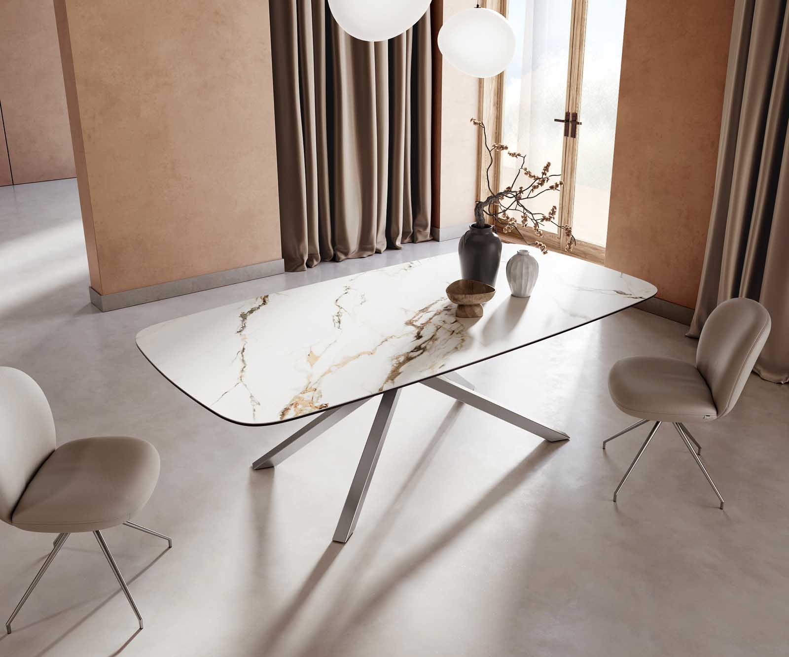 Stół do jadalni Edge kształt beczki 240x120cm ceramika Calacatta Luxe biało-złoto-szary rama Cross stal nierdzewna 4