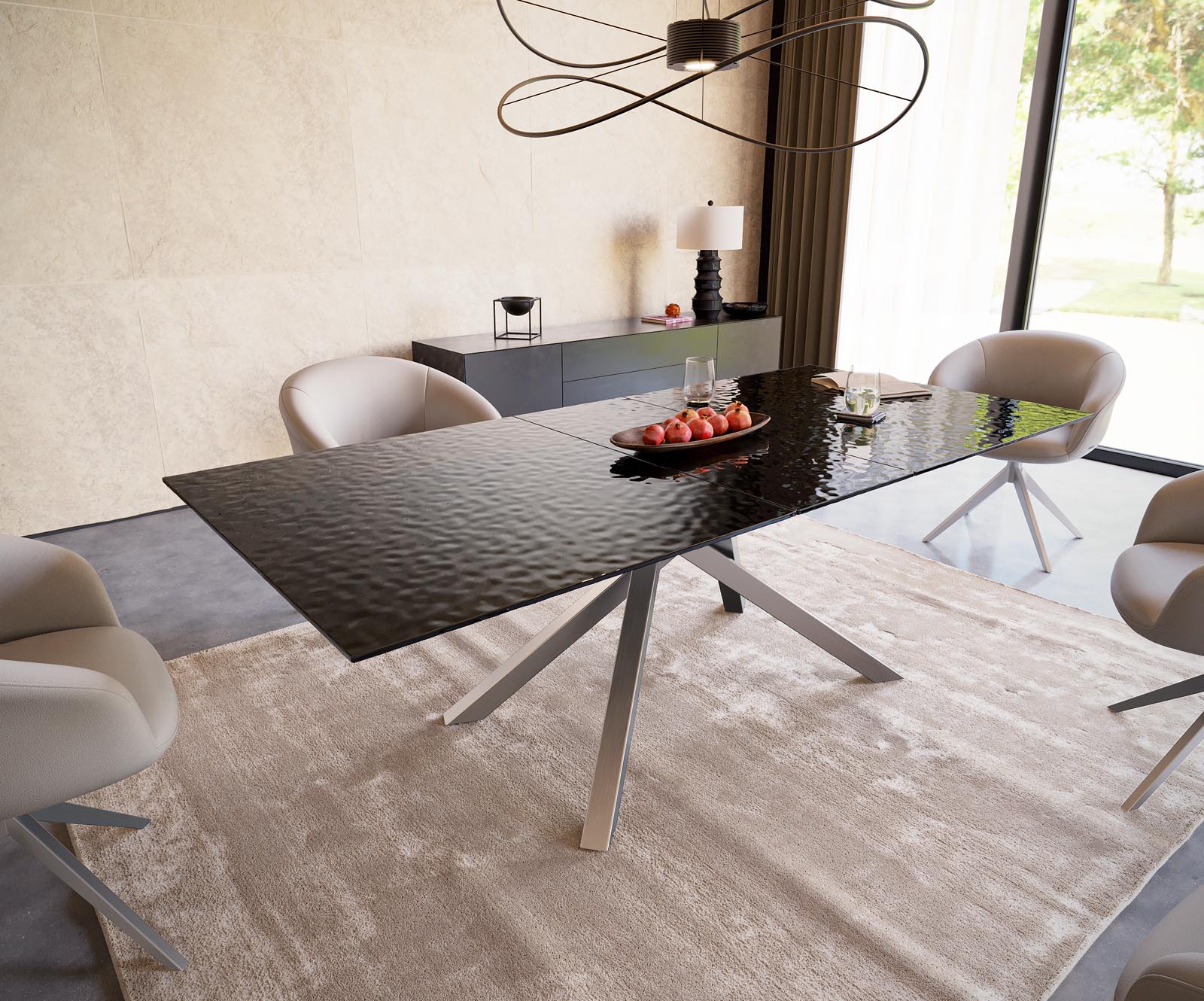 Stół do jadalni Edge 200-300x100 cm szkło reliefowe czarne efekt 3D rama W czarna rozkładany 2
