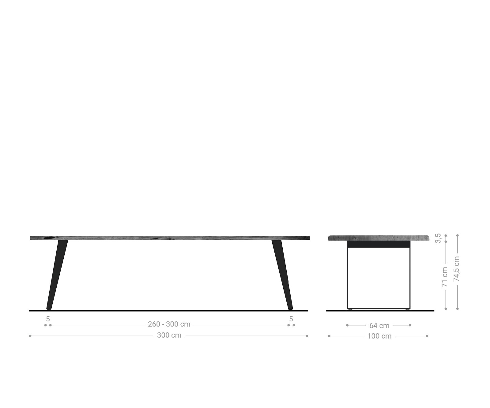 Stół do jadalni Edge 300x100cm akacja brązowa stal nierdzewna srebrna pochylona rama live-edge 6