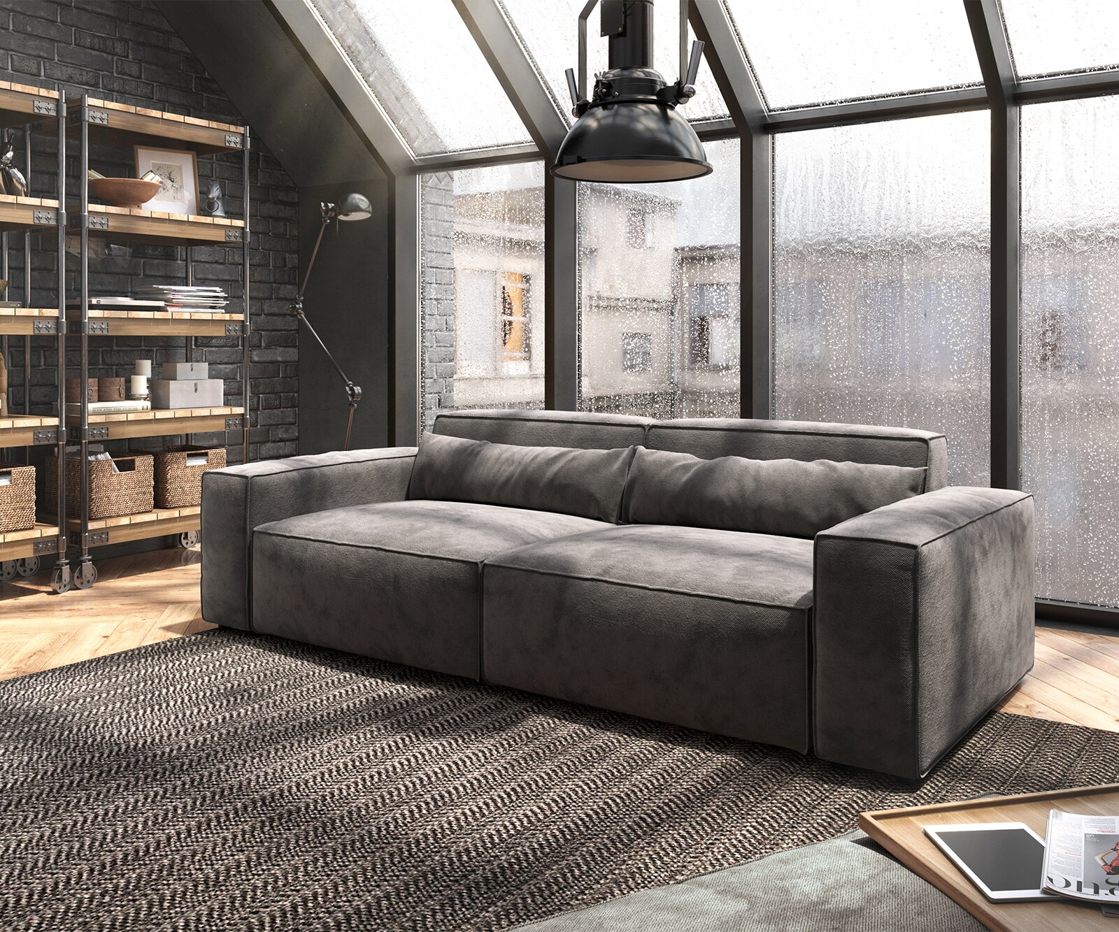 Sofa Sirpio 230x95 cm mikrofibra khaki brąz z pufem