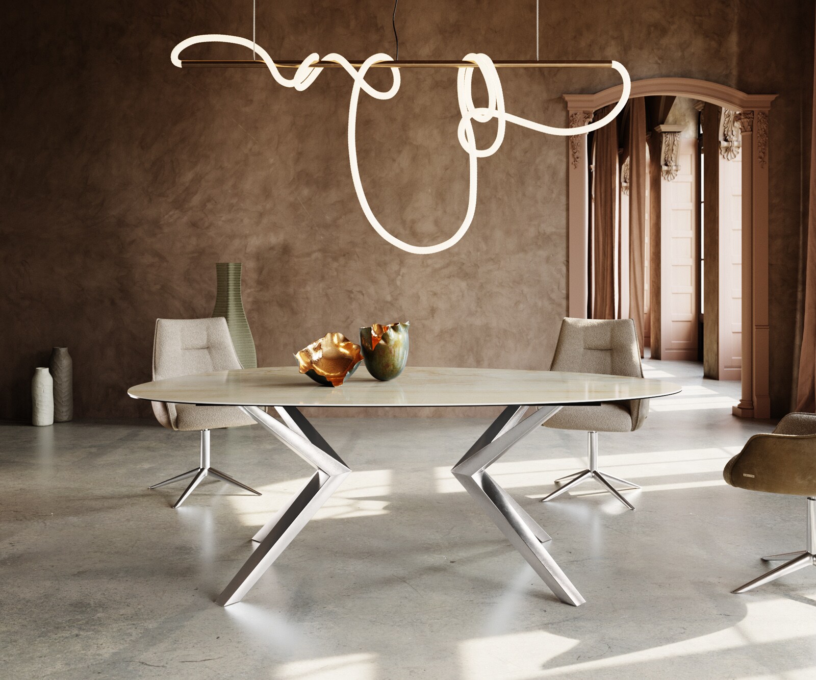 Stół do jadalni Edge owalny 220x120cm ceramika Iris FMG Onice Oro rama Zenthara stal nierdzewna 2