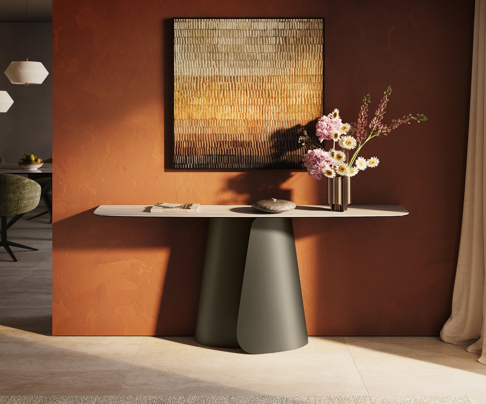 Konsola Edge w kształcie beczki 180x40 cm ceramika Laminam® Travertino Bianco kremowo-biały podstawa Livos metal w kolorze tytanu 1