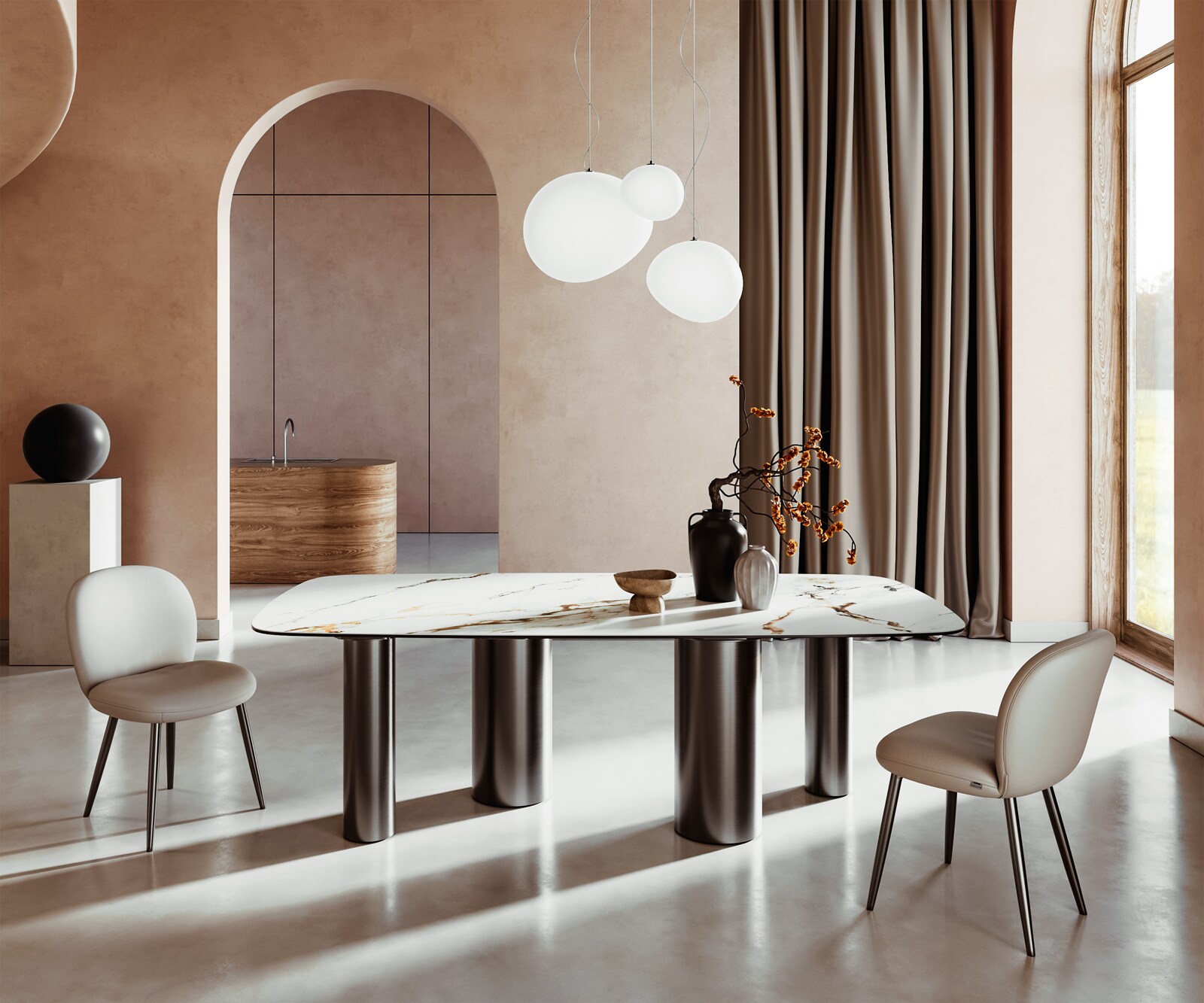 Stół do jadalni Edge kształt beczki 240x120cm ceramika Calacatta Luxe biało-złoto-szary rama Pilier stal nierdzewna grafit