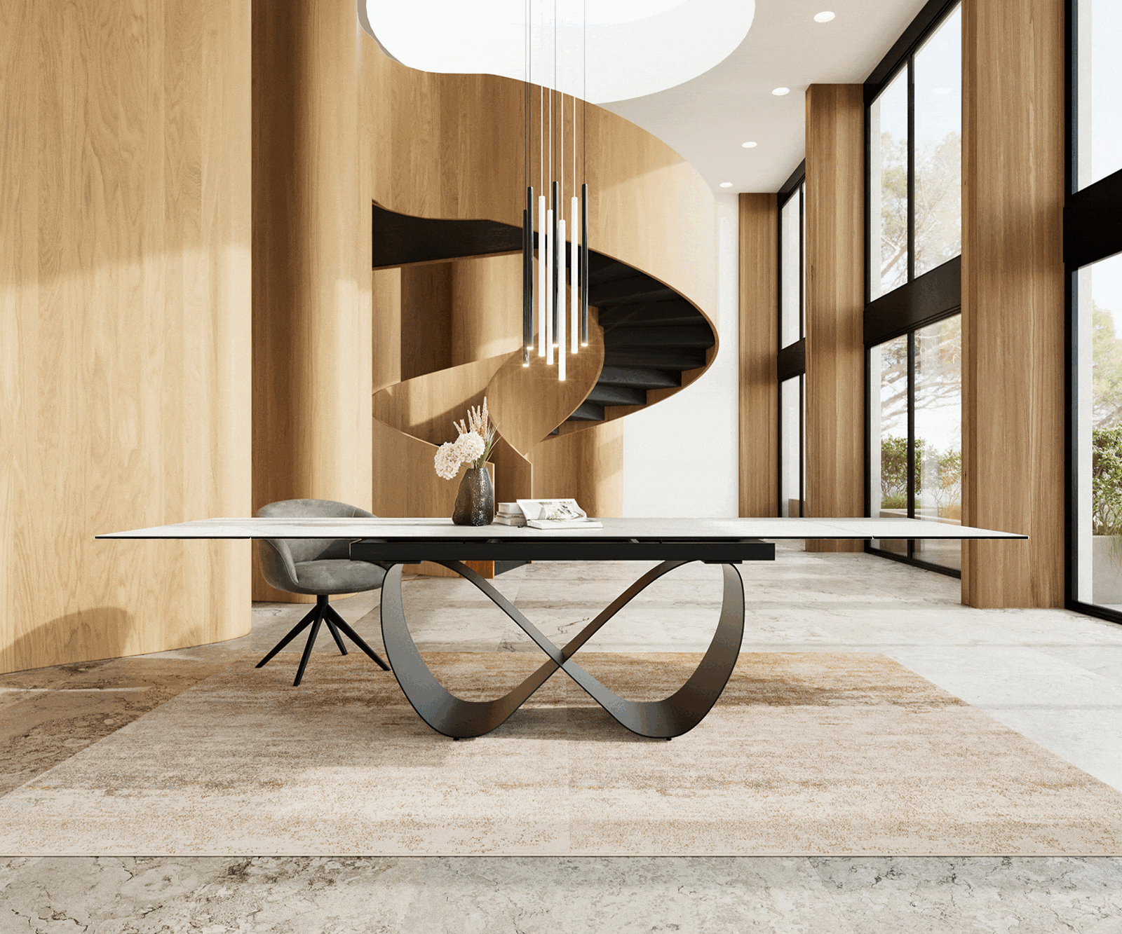 Stół do jadalni Edge 200-300x100 cm ceramika Laminam® Statuarietto biały rama Infinity metal czarny rozkładany 1