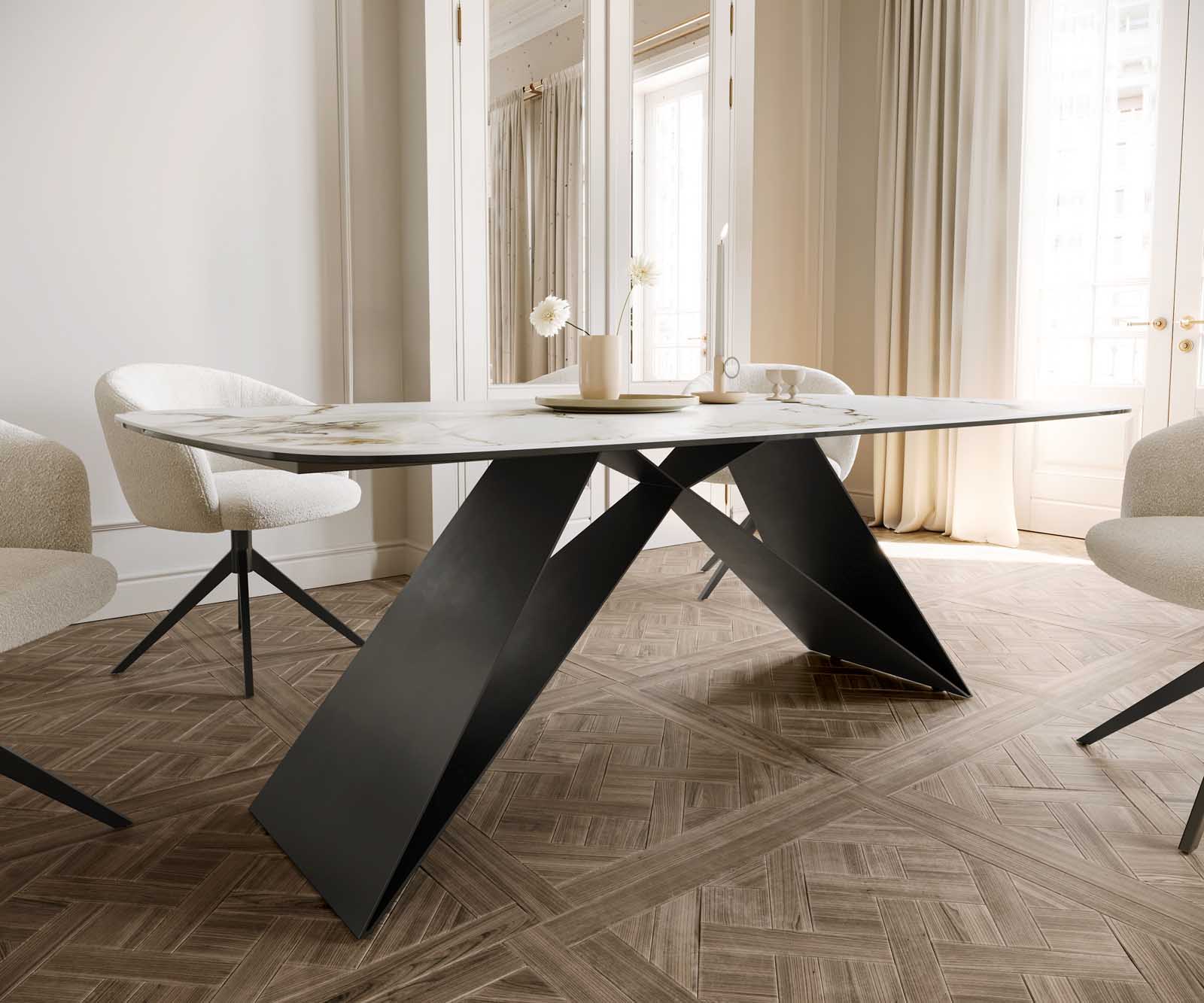 Stół do jadalni Edge kształt beczki 200x100cm ceramika Calacatta Luxe biało-złoto-szary rama V metal czarna 5