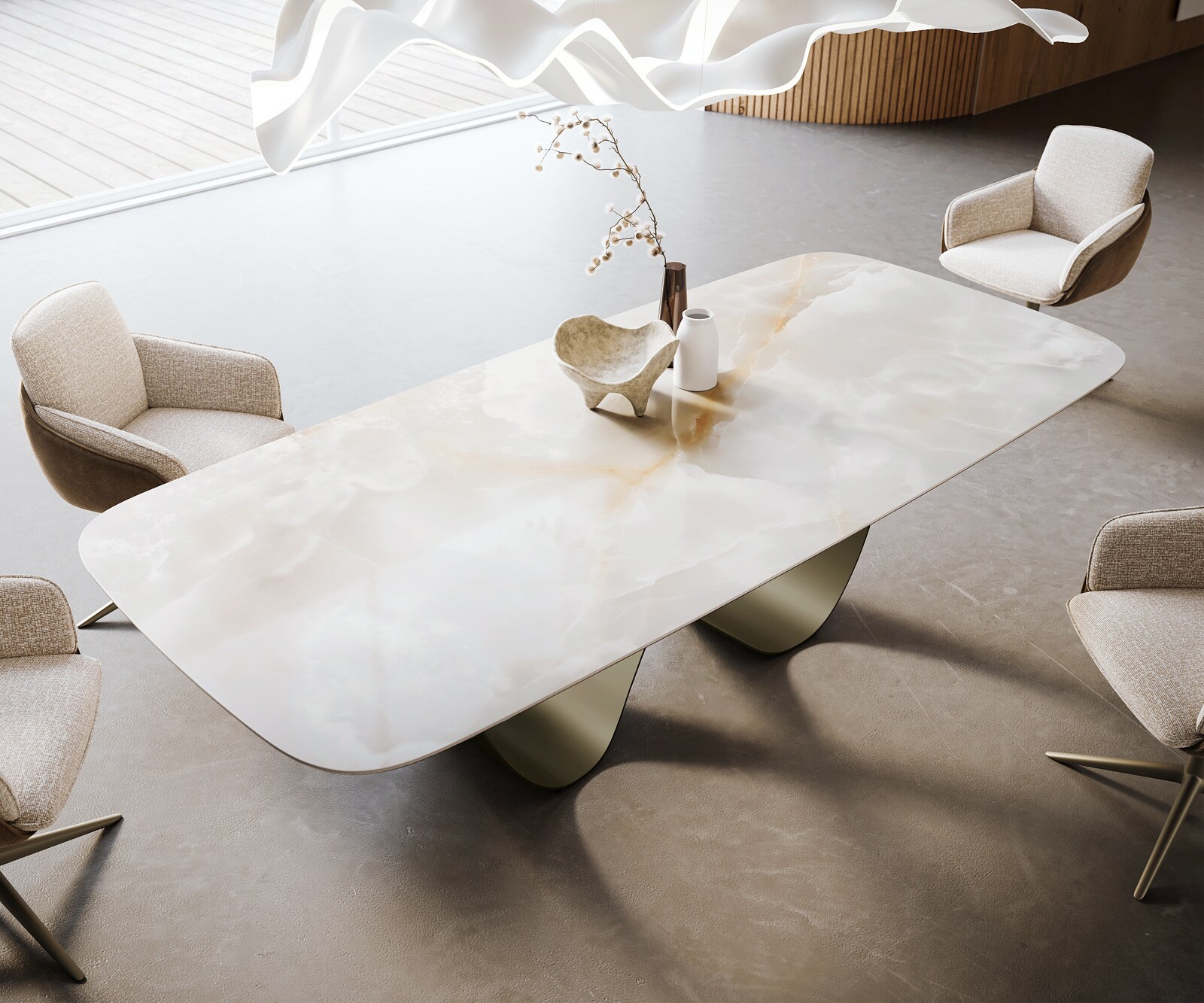 Stół do jadalni Edge w kształcie beczki 270x120 cm ceramika Iris FMG Onice Grigio rama Infinity metal w kolorze tytanu 4