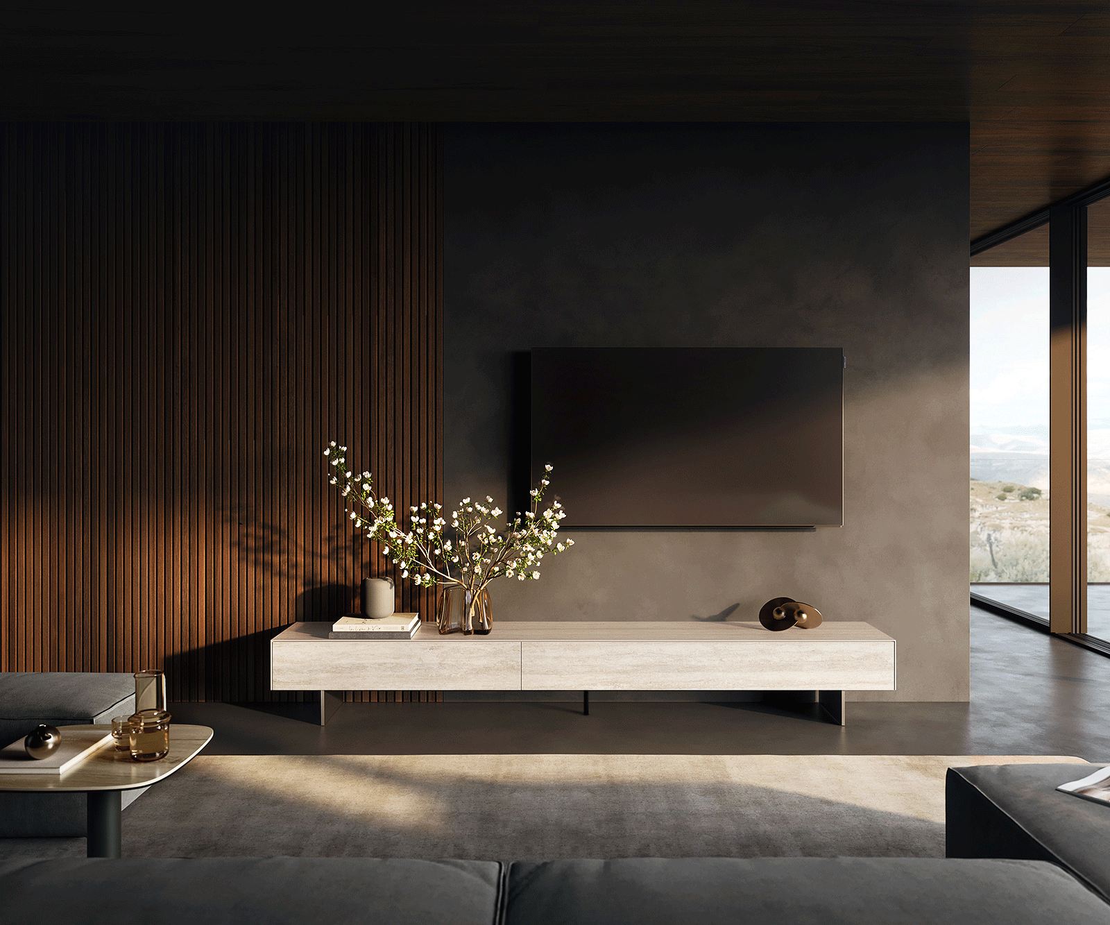 Szafka RTV Cuor 250 cm ceramika Laminam® Travertino Bianco kremowo-biała 1 klapa 1 szuflada nóżki wąskie stal nierdzewna 2