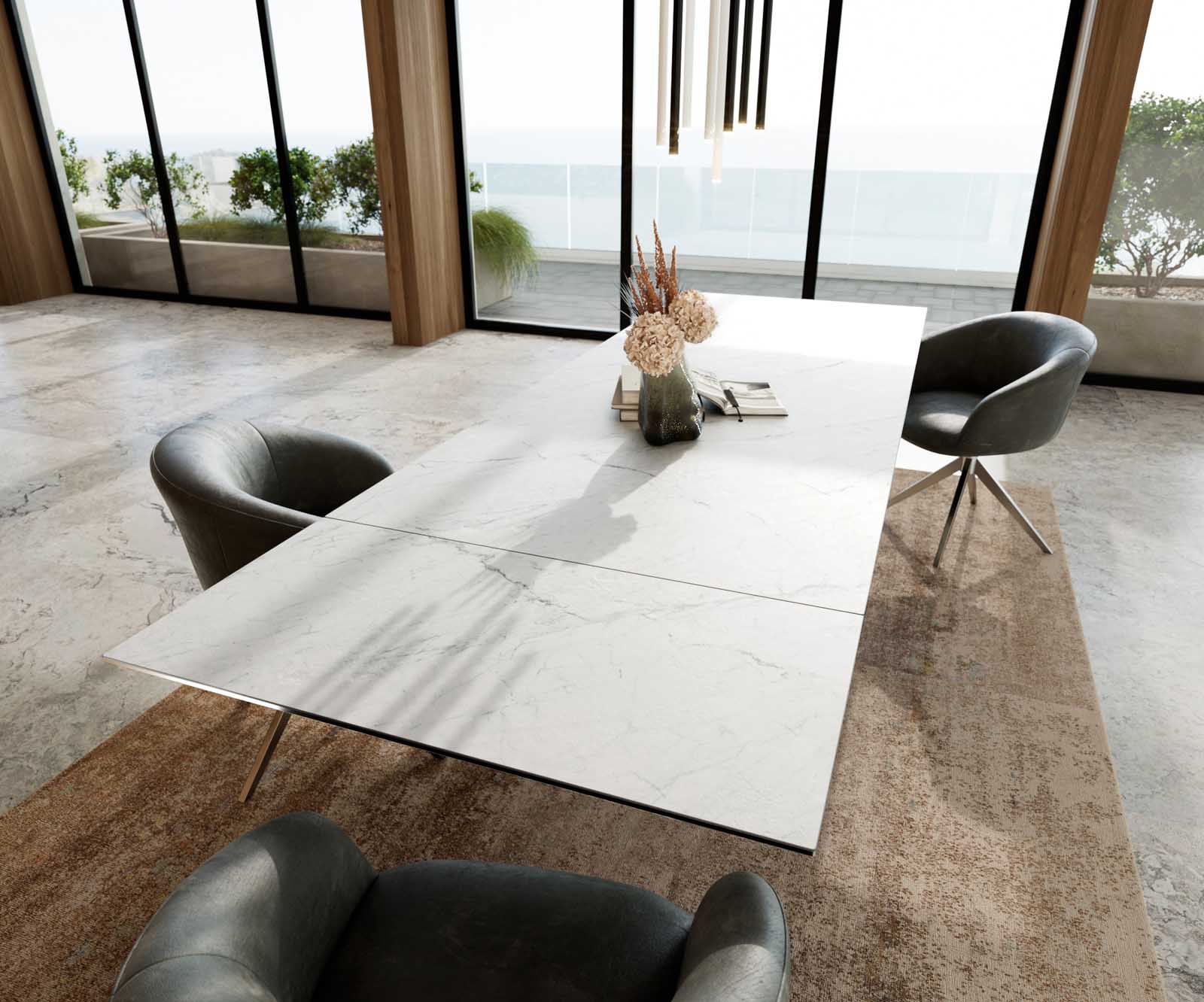 Stół do jadalni Edge 200-300x100 cm ceramika Laminam® Statuarietto biały rama Cross stal nierdzewna rozkładany 6