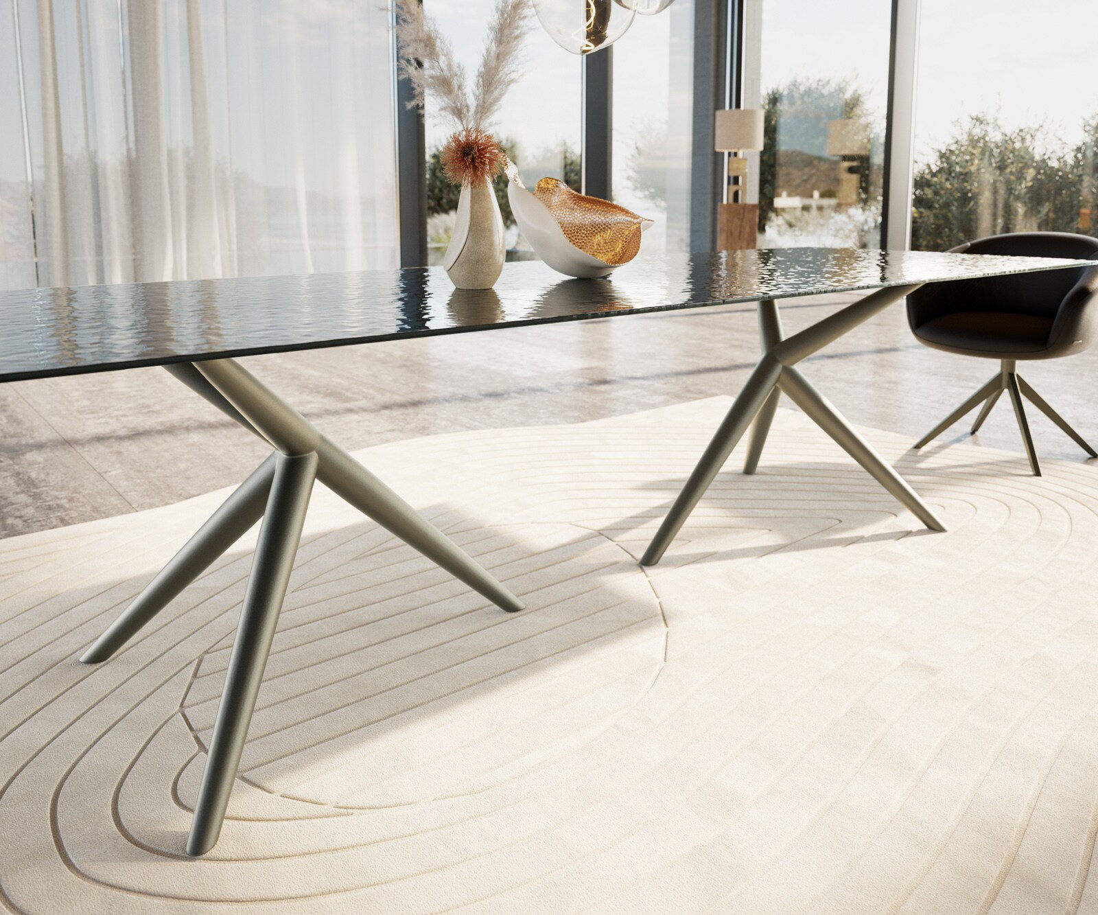 Stół do jadalni Edge 300x100cm szkło reliefowe dymione czarne efekt 3D rama Estelar metal kolor tytanowy 5