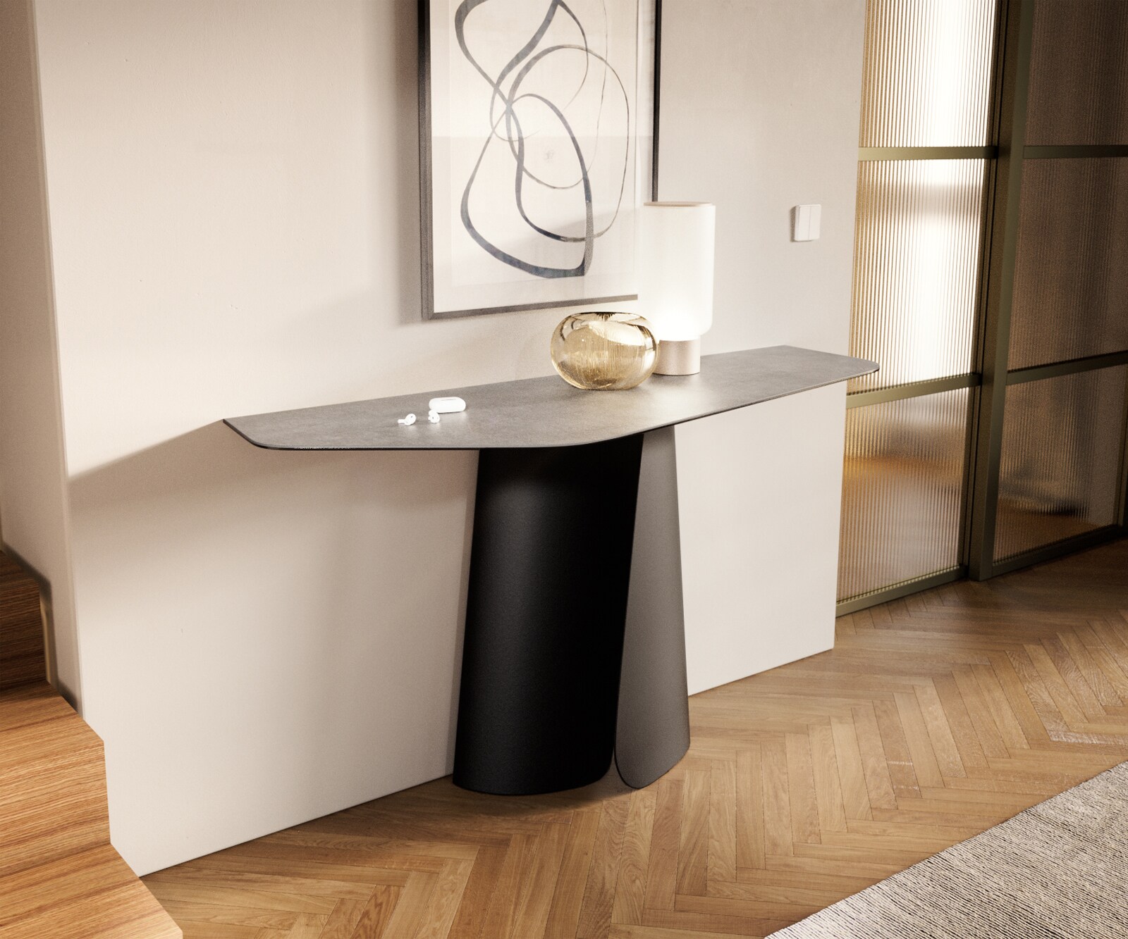 Konsola Edge wielokątna 140x50 cm ceramika w kolorze betonowej szarości podstawa Livos metal czarny 1