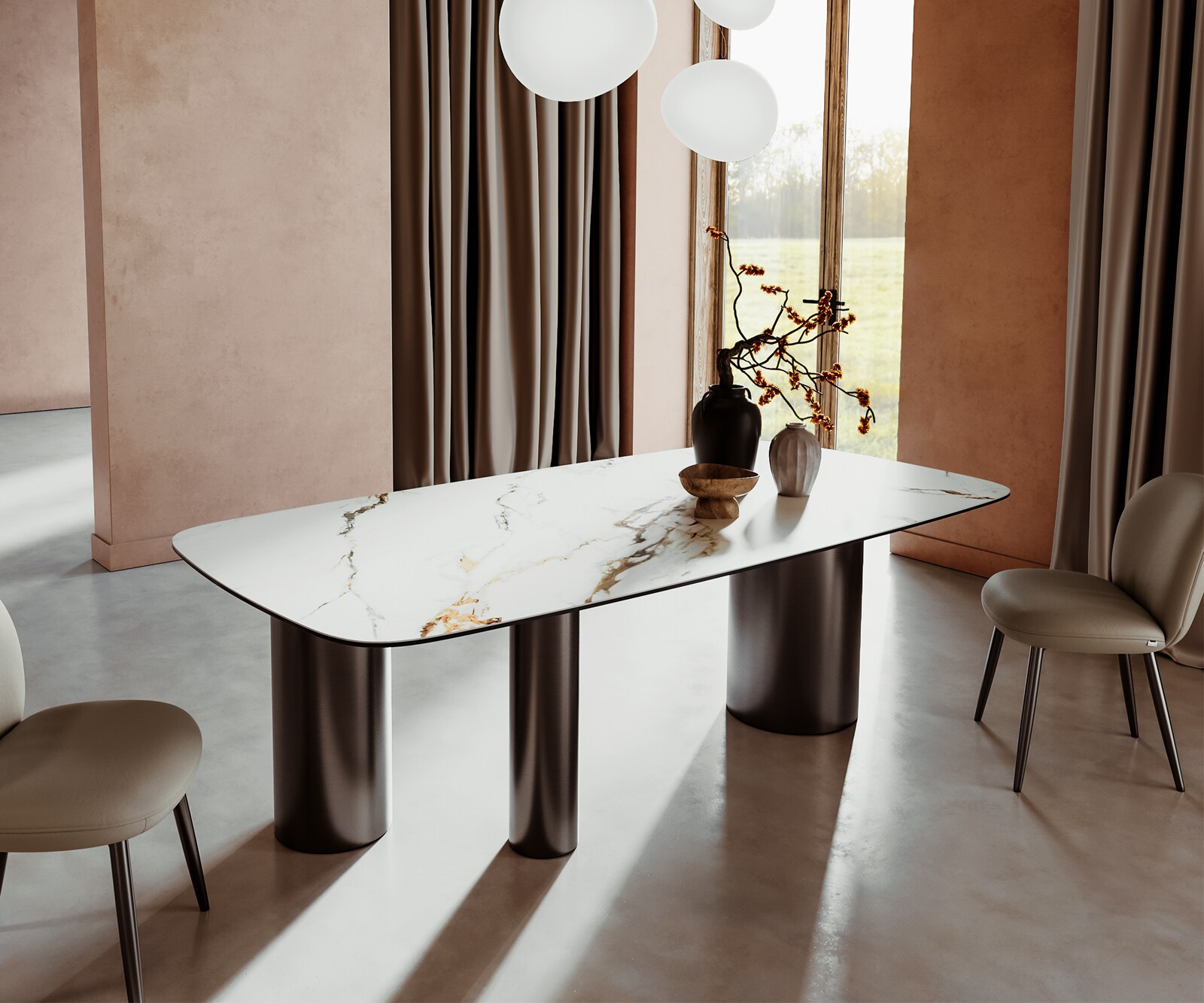 Stół do jadalni Edge kształt beczki 240x120cm ceramika Calacatta Luxe biało-złoto-szary rama Troa stal nierdzewna grafit 1