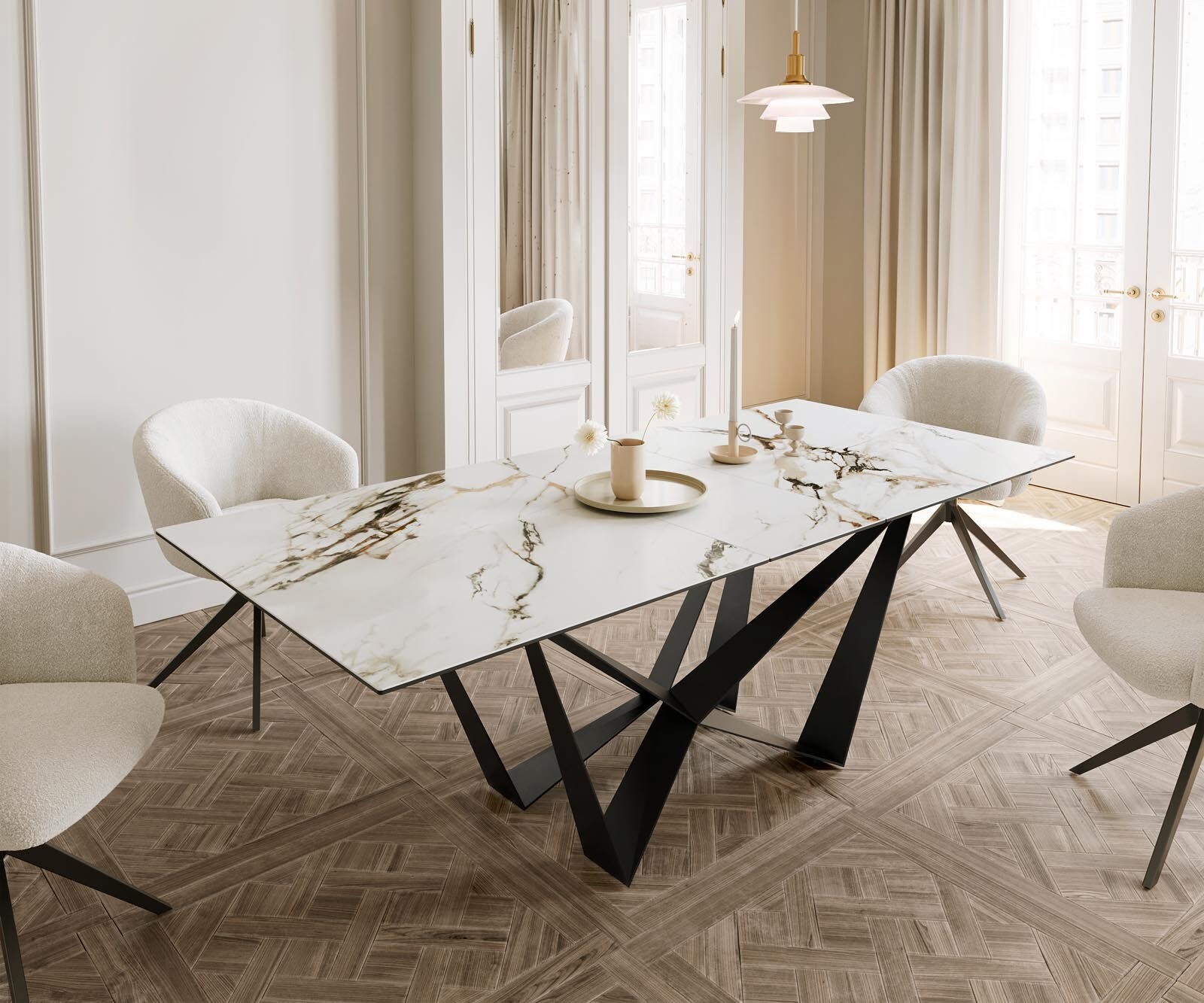 Stół do jadalni Edge 180-220x100 cm ceramika Calacatta Luxe biało-złoto-szary rama Spider metal czarna rozkładany