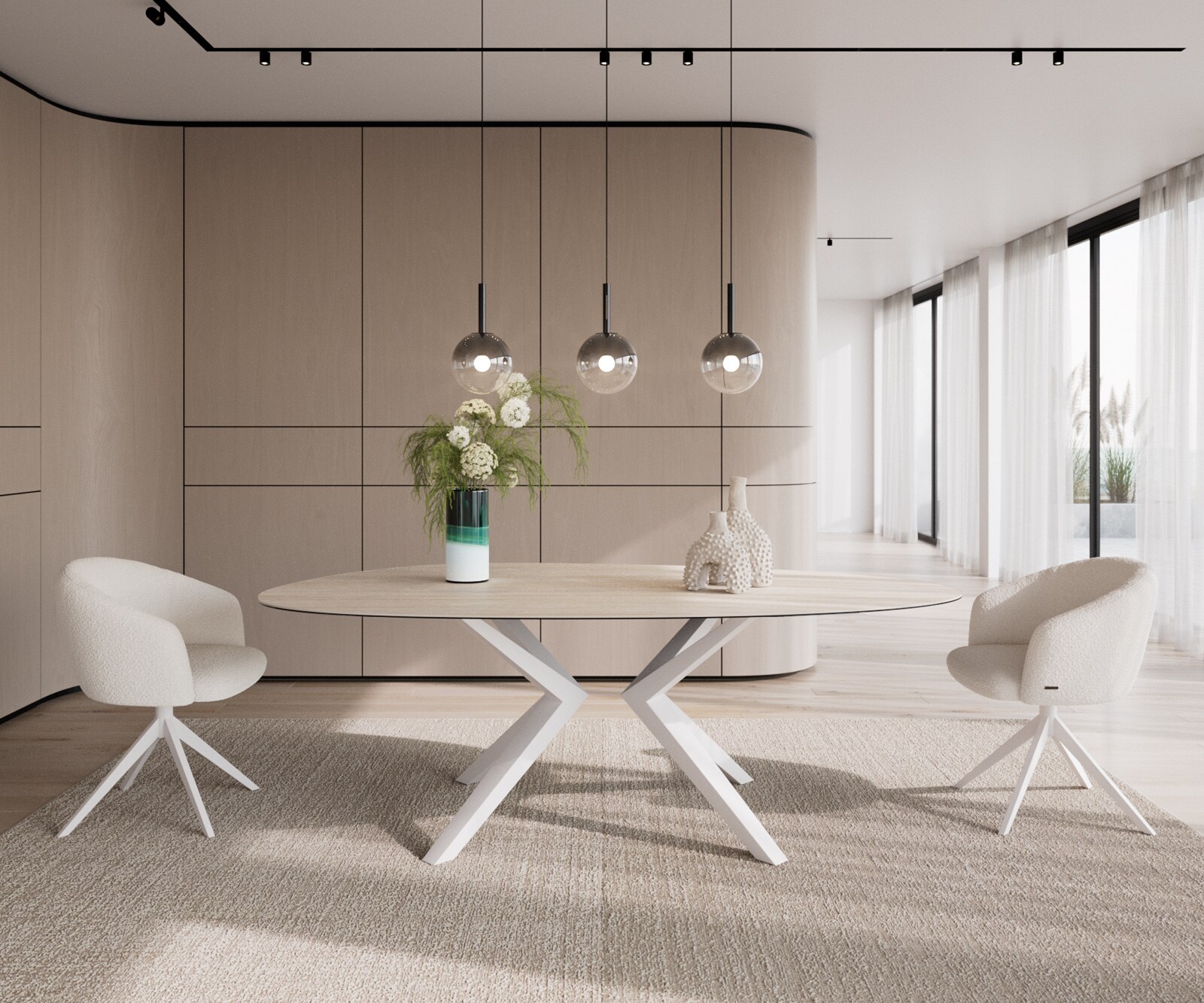 Stół do jadalni Edge owalny 220x120cm ceramika Laminam® Travertino Bianco kremowo-biały rama Zenthara metal biały 1