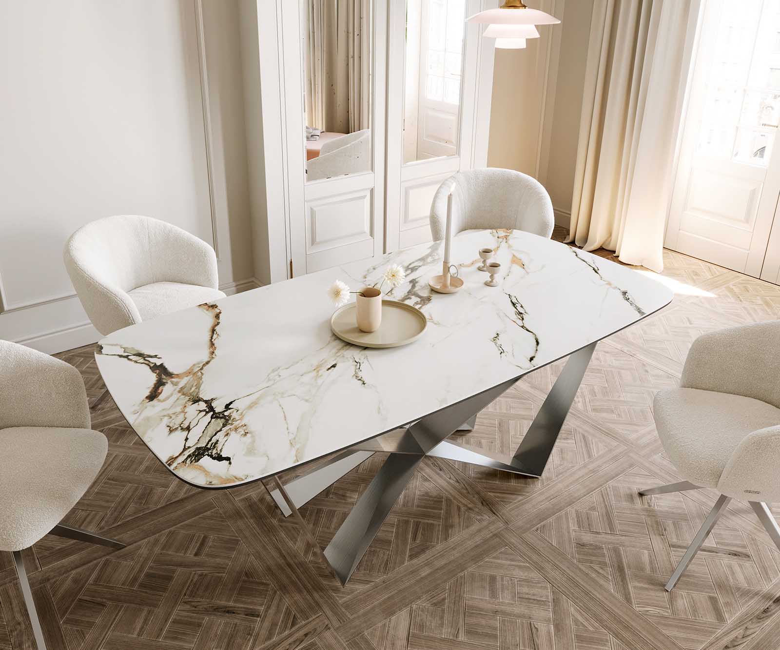 Stół do jadalni Edge kształt beczki 200x100cm ceramika Calacatta Luxe biało-złoto-szary rama Spider stal nierdzewna 4