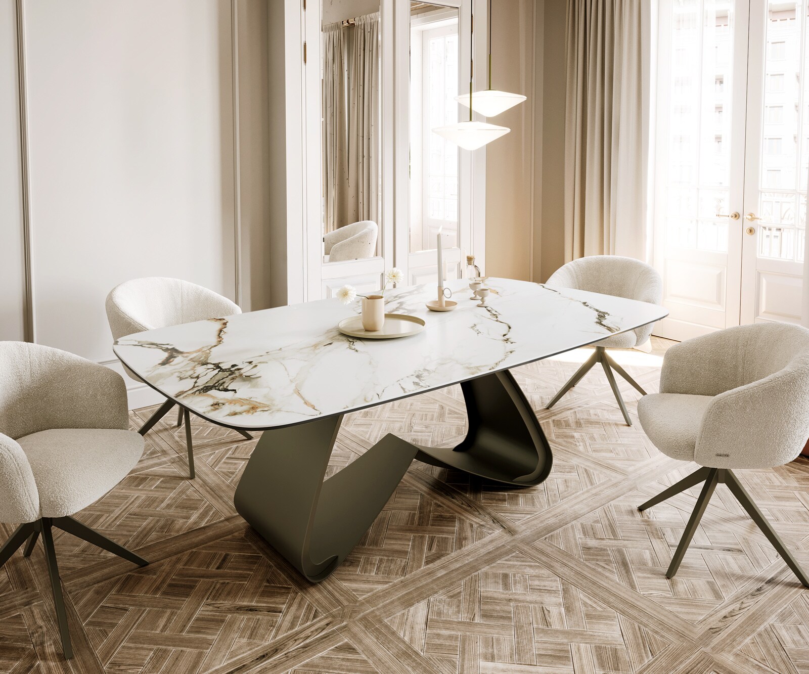 Stół do jadalni Edge kształt beczki 200x100cm ceramika Calacatta Luxe biało-złoto-szary rama W metal kolor tytanowy 1