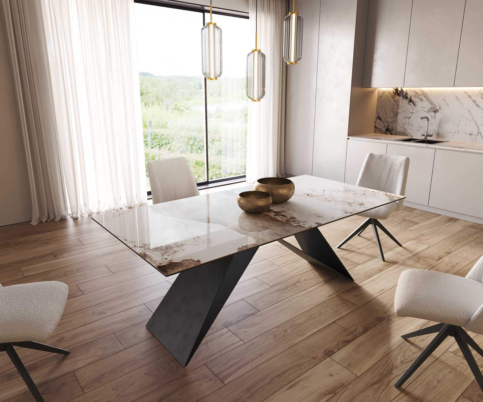 Stół do jadalni Edge 200x100 cm ceramika Minas Melange biało-beżowy rama V metal czarna