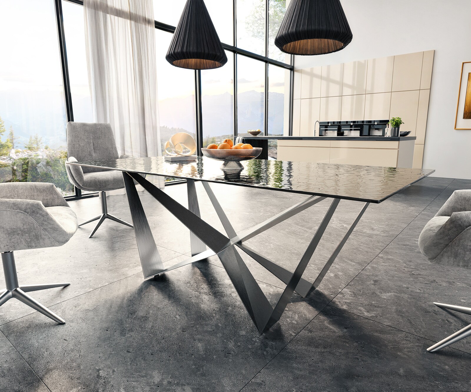 Stół do jadalni Edge 200x100 cm szkło reliefowe czarne efekt 3D rama Spider stal nierdzewna 3