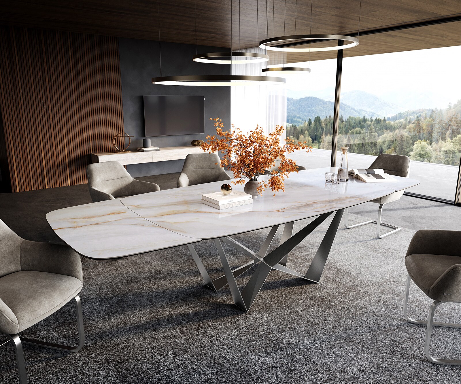 Stół do jadalni Edge w kształcie beczki 200-300x120 cm ceramika Onyx Pearl rama Spider stal nierdzewna rozkładany 1