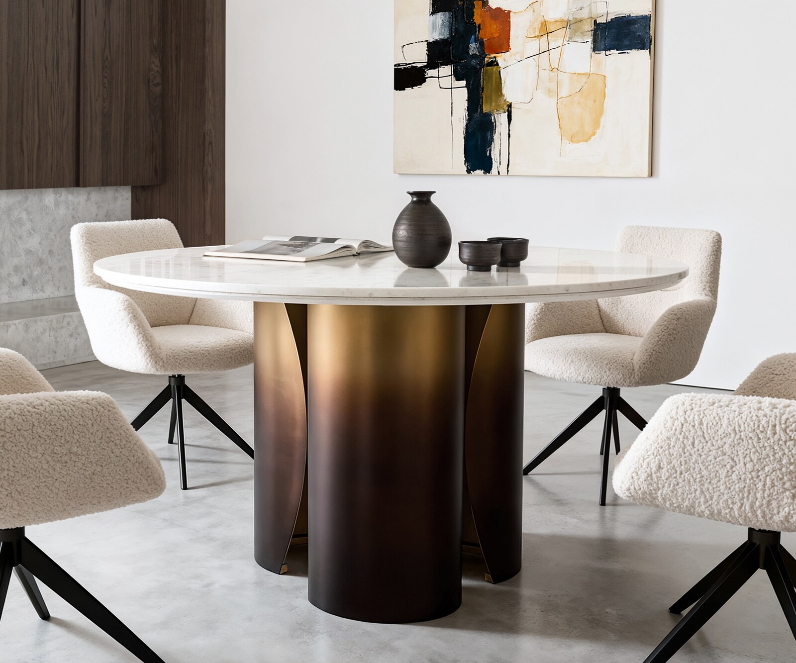 Stół do jadalni Adenza okrągły 140x140 cm marmur biały metal złoty wykończenie Fusion Finish 2