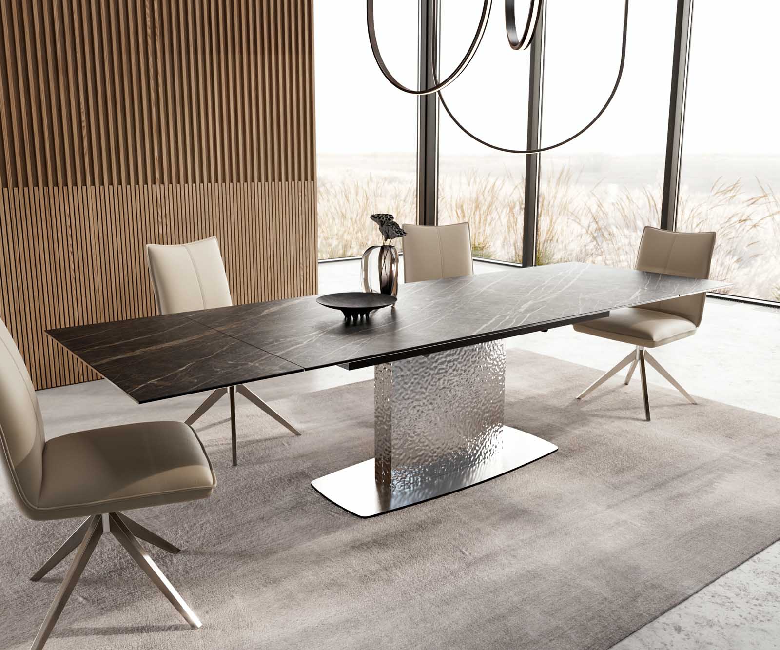 Stół do jadalni Edge 200-300x100 cm ceramika Laminam® Noir Desir brązowy rama Wave stal nierdzewna rozkładany 6