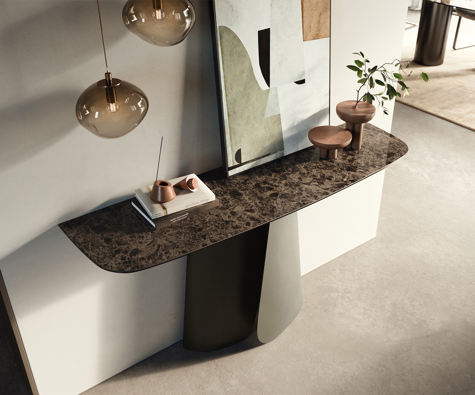 Konsola Edge w kształcie beczki 140x40 cm ceramika Emperador Extra Lucidato ciemnobrązowa podstawa Livos metal w kolorze tytanu 2