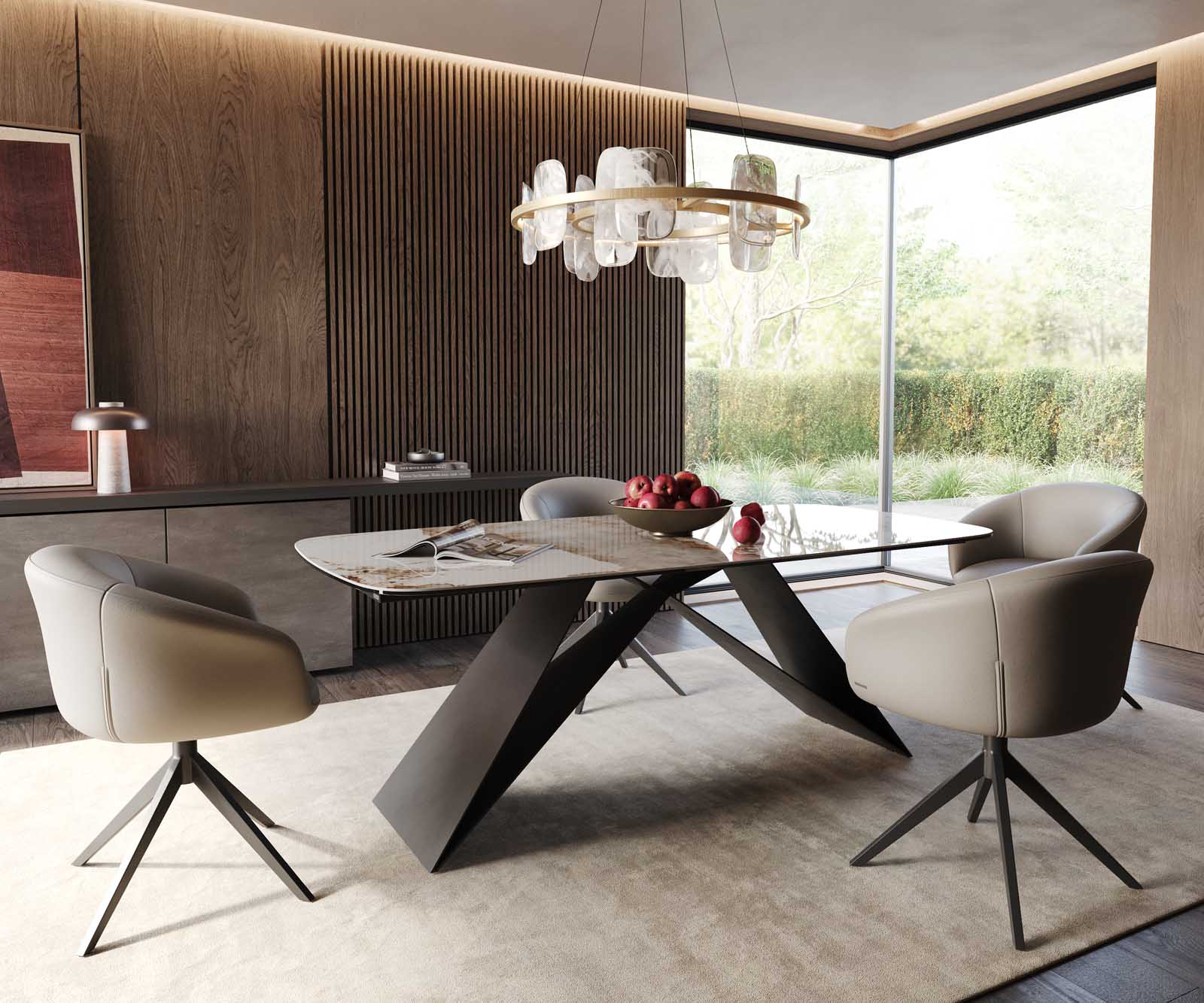 Stół do jadalni Edge kształt beczki 200x100cm ceramika Minas Melange biało-beżowy rama V metal czarna 6
