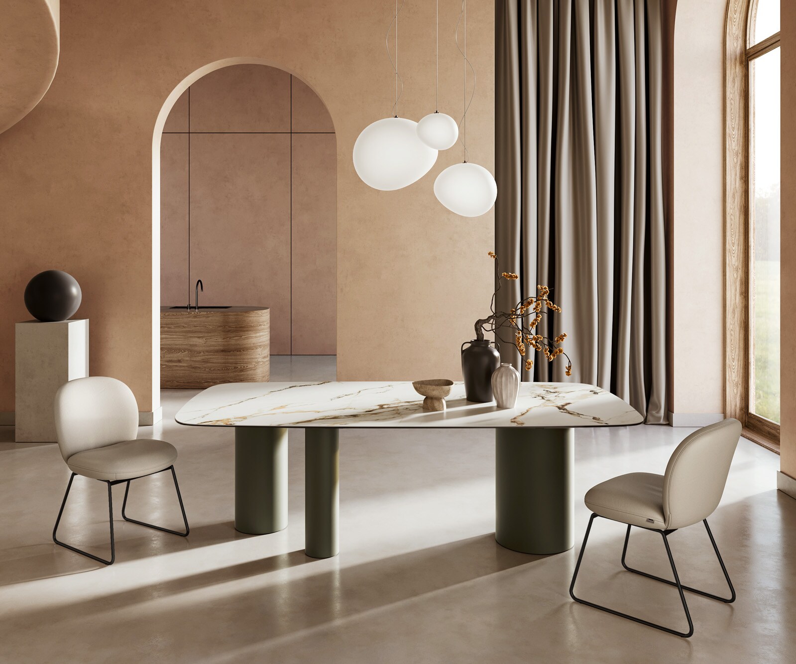 Stół do jadalni Edge kształt beczki 240x120cm ceramika Calacatta Luxe biało-złoto-szary rama Troa metal kolor tytanowy