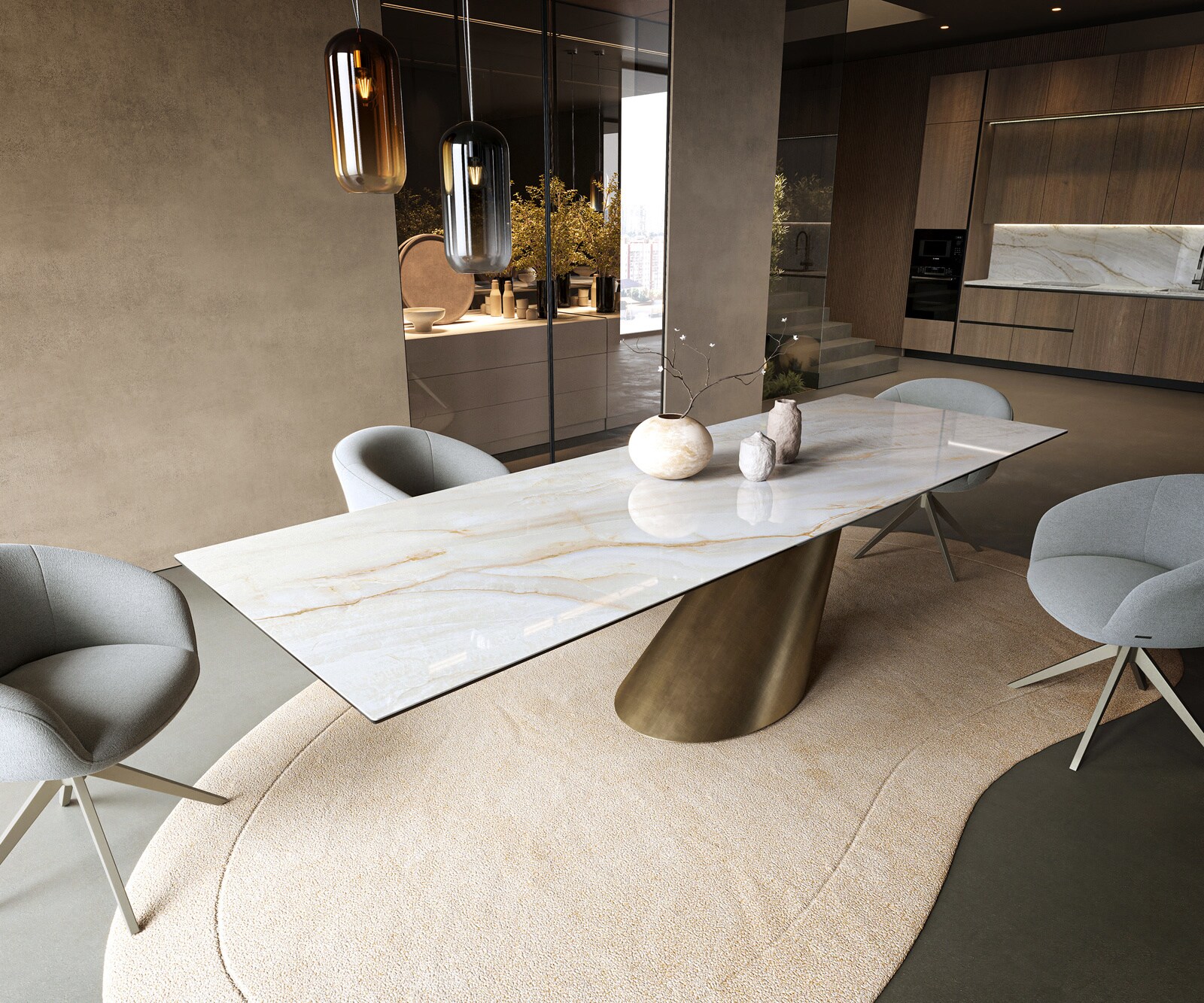 Stół do jadalni Edge 300x100cm ceramika Onyx Pearl rama Cono metaliczny złoty