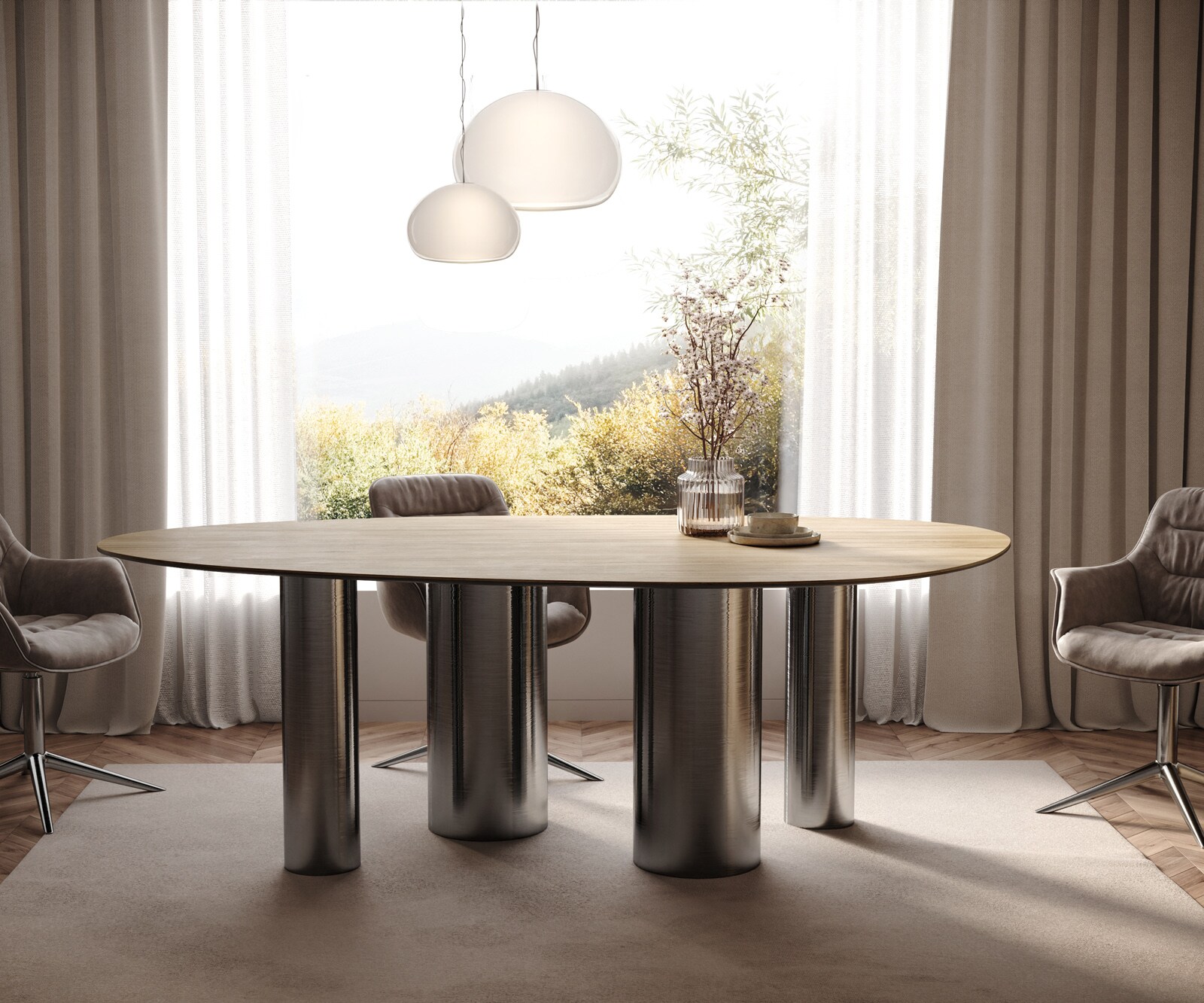Stół do jadalni Edge owalny 220x120cm ceramika Laminam® Sabbia kolor dębowy rama Pilier stal nierdzewna kolor grafitowy 1
