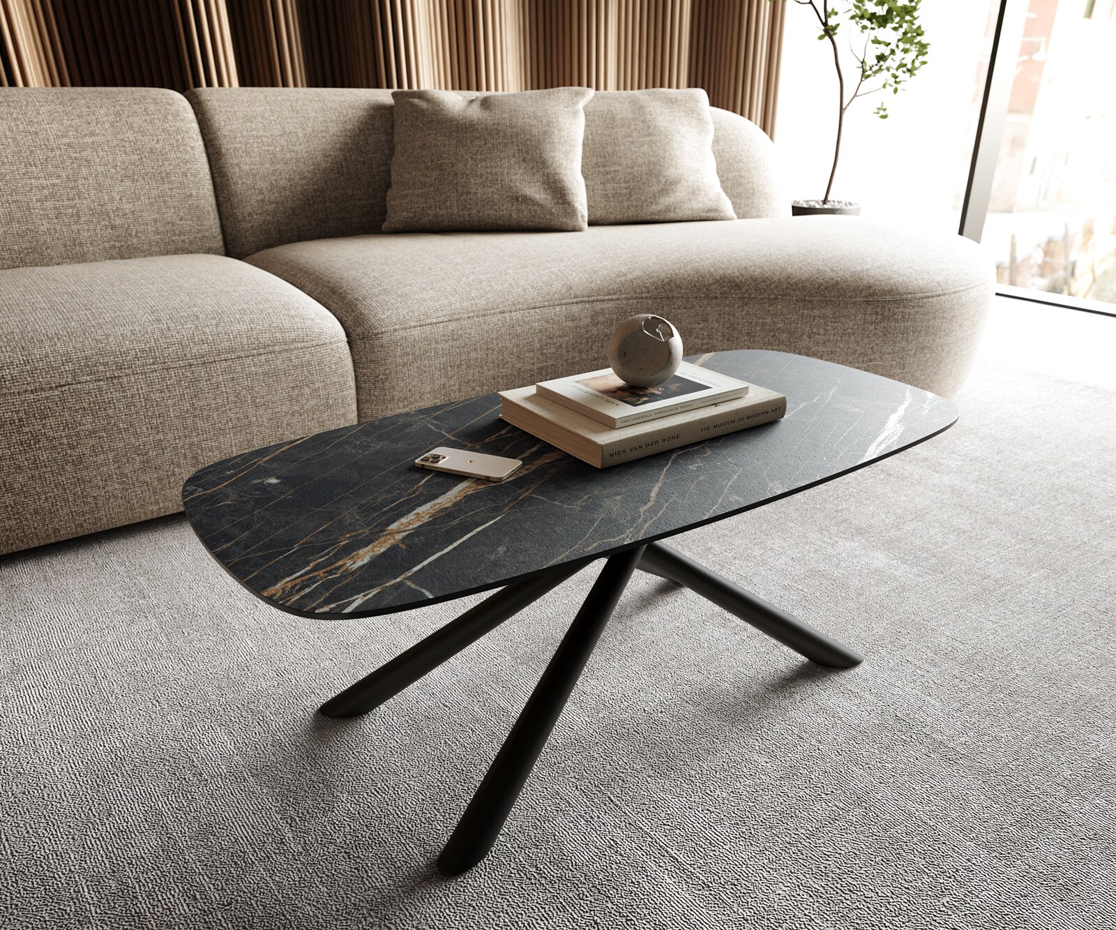 Stolik kawowy Edge w kształcie beczki 100x50 cm ceramika Laminam® Noir Desir brązowy Sarity czarny metal