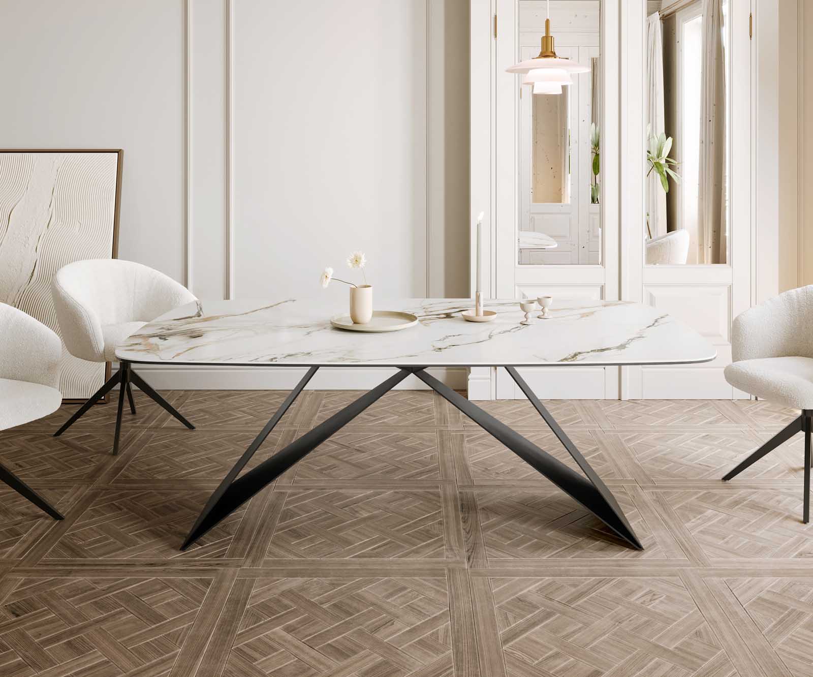 Stół do jadalni Edge kształt beczki 200x100cm ceramika Calacatta Luxe biało-złoto-szary rama V metal czarna 1