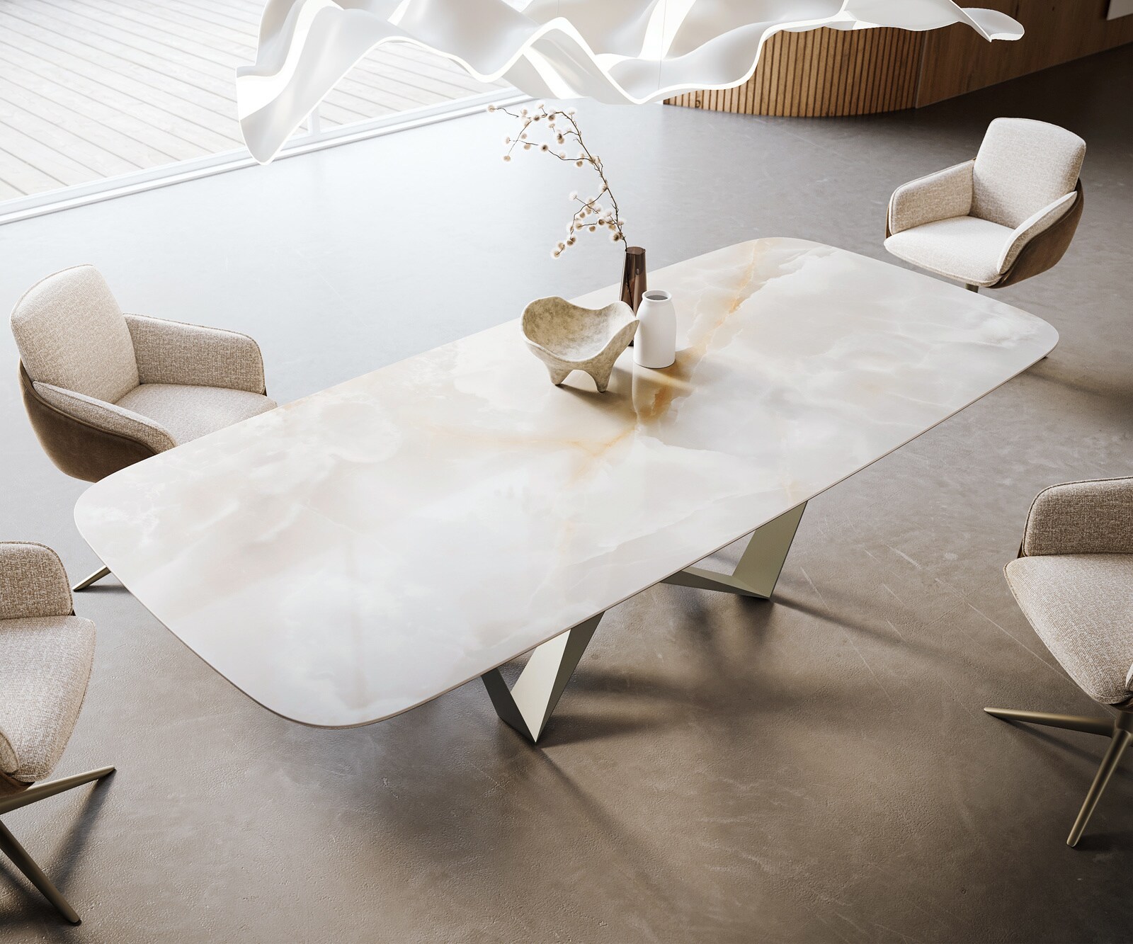 Stół do jadalni Edge w kształcie beczki 270x120 cm ceramika Iris FMG Onice Grigio rama Spider metal w kolorze tytanu 4