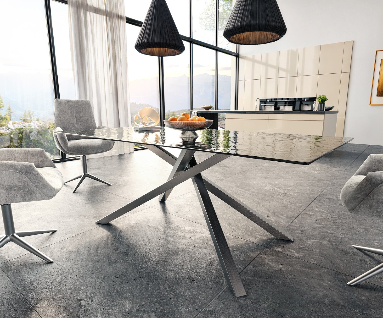 Stół do jadalni Edge 200x100 cm szkło reliefowe czarne efekt 3D rama Cross stal nierdzewna 4