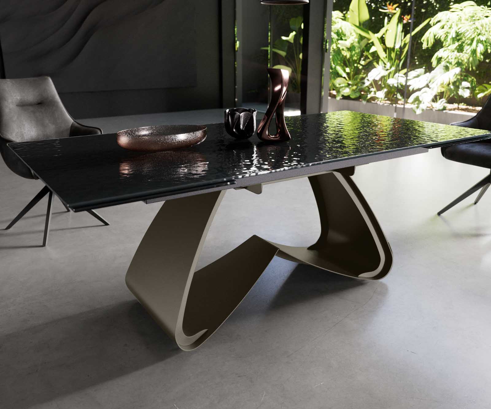 Stół do jadalni Edge 200-300x100 cm szkło reliefowe czarne efekt 3D rama W kolor tytanowy rozkładany 4