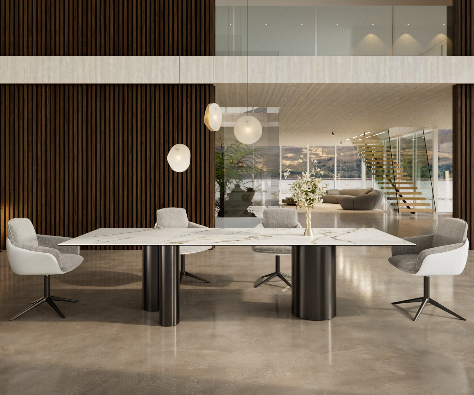 Stół do jadalni Edge 300x100cm ceramika Calacatta Luxe biało-złoto-szary rama Troa stal nierdzewna grafit