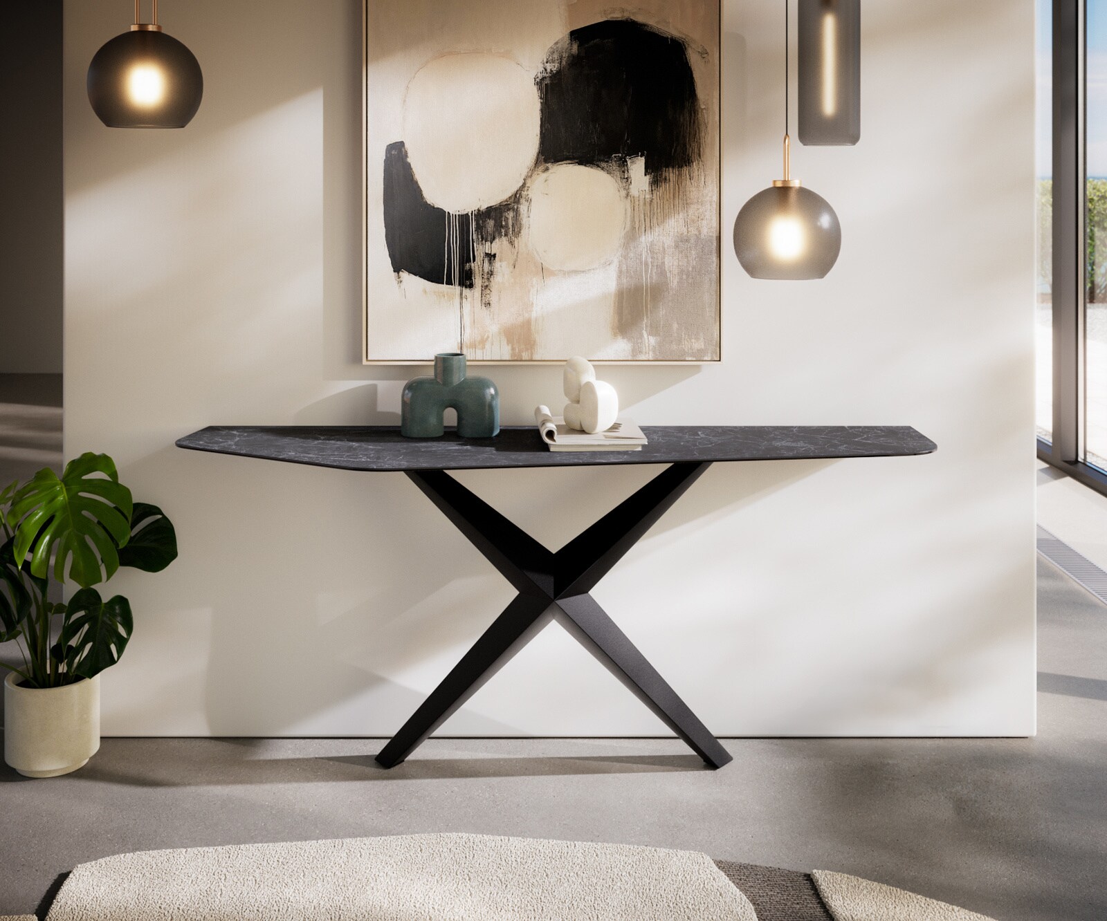Konsola Edge wielokątna 180x50 cm ceramika Laminam® Nero Greco antracytowa podstawa Zentharo metal czarny 1