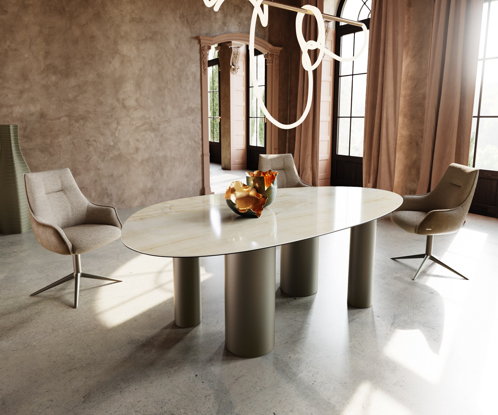 Stół do jadalni Edge owalny 220x120cm ceramika Iris FMG Onice Oro rama Pilier metal kolor tytanowy