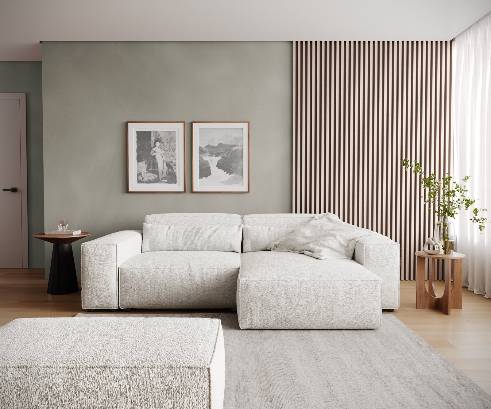 Sofa narożna Sirpio L 250x155 cm bouclé kremowo-biały szezlong z możliwością obustronnego montażu z pufem 1