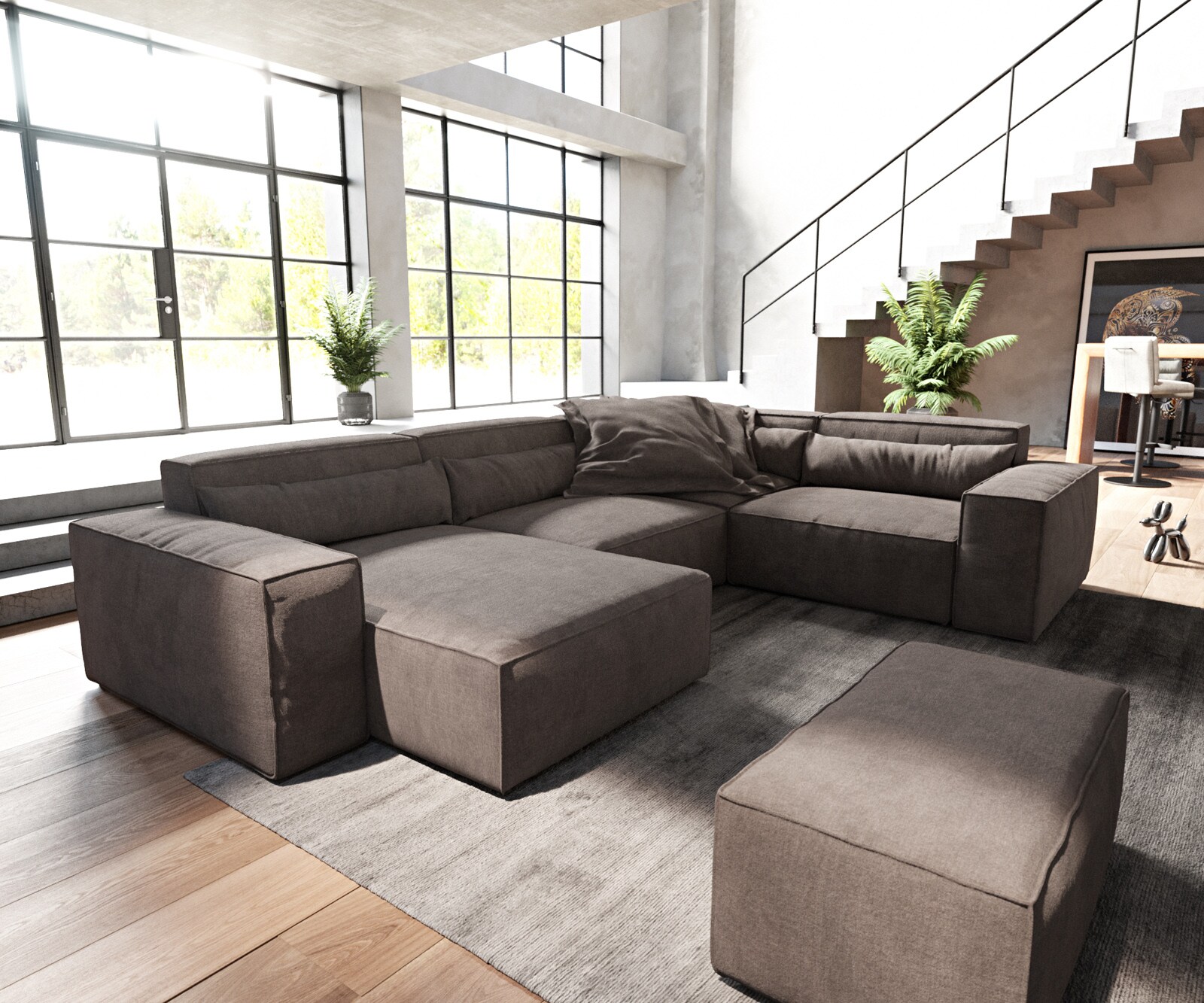 Sofa w kształcie litery U Sirpio 300x210 cm mikrofibra khaki-brązowa szezlong z możliwością obustronnego montażu z pufem 1