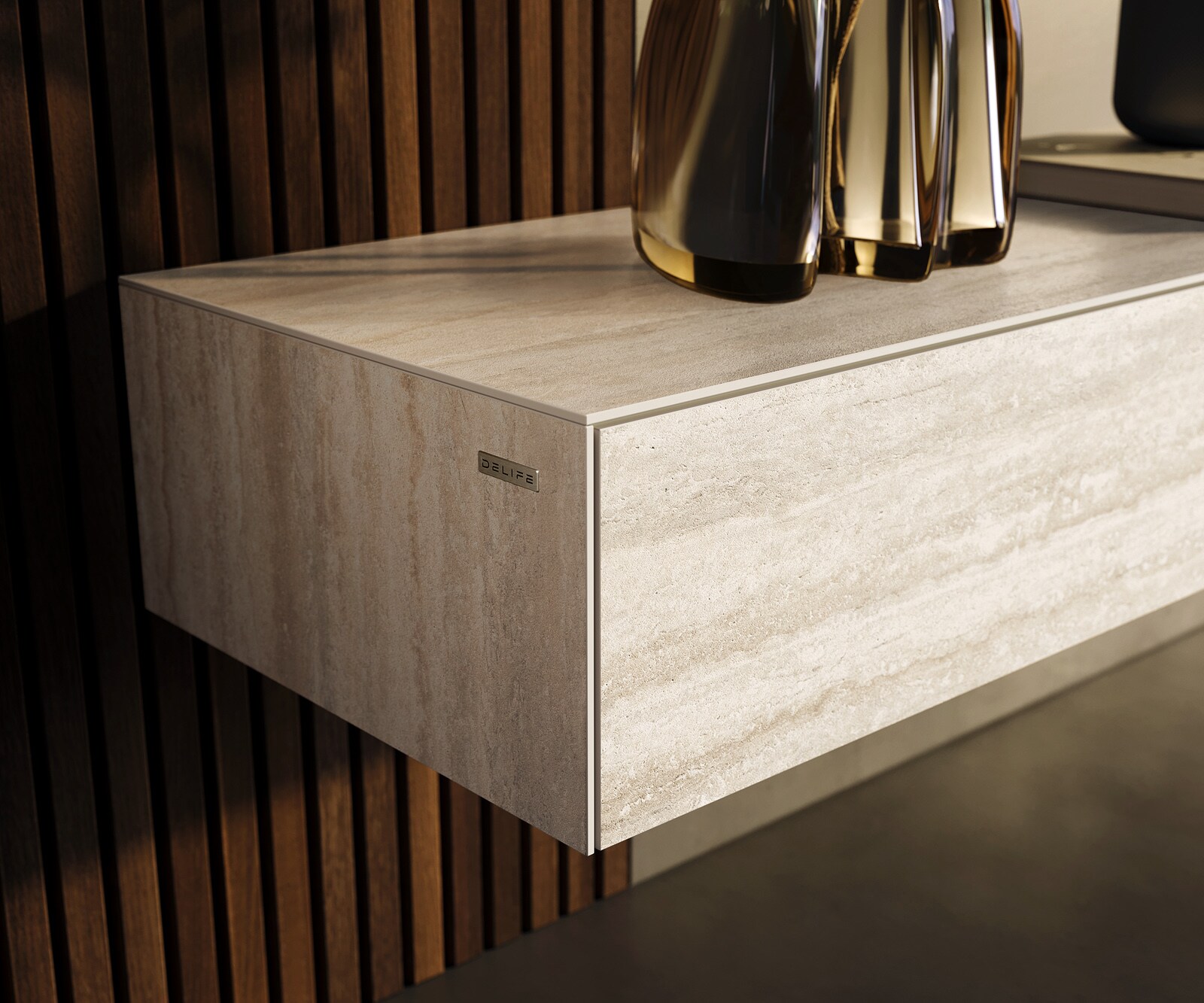 Szafka RTV Cuor 200 cm ceramika Laminam® Travertino Bianco kremowo-biały 1 klapa 1 szuflada podwieszana 5