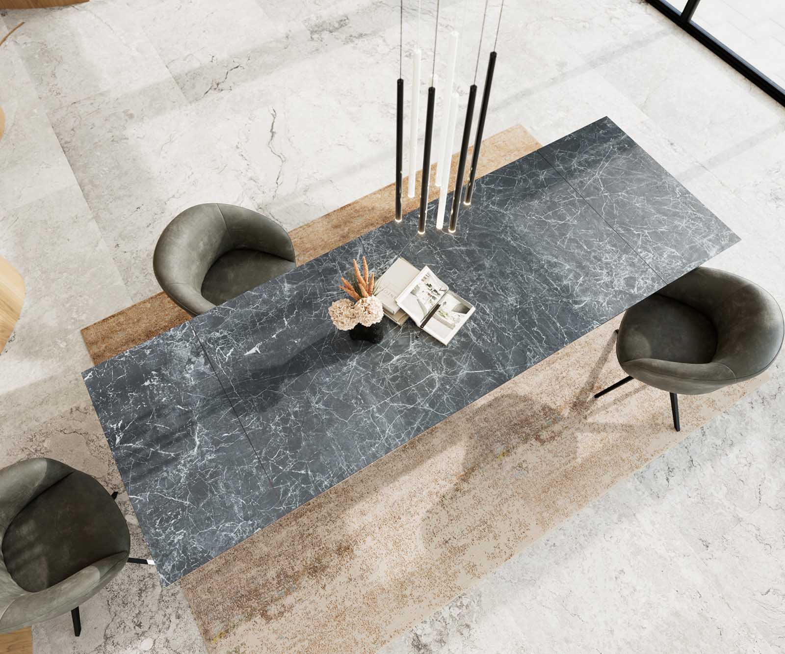 Stół do jadalni Edge 200-300x100 cm ceramika Laminam® Nero Greco antracyt rama Cross czarna rozkładany 3