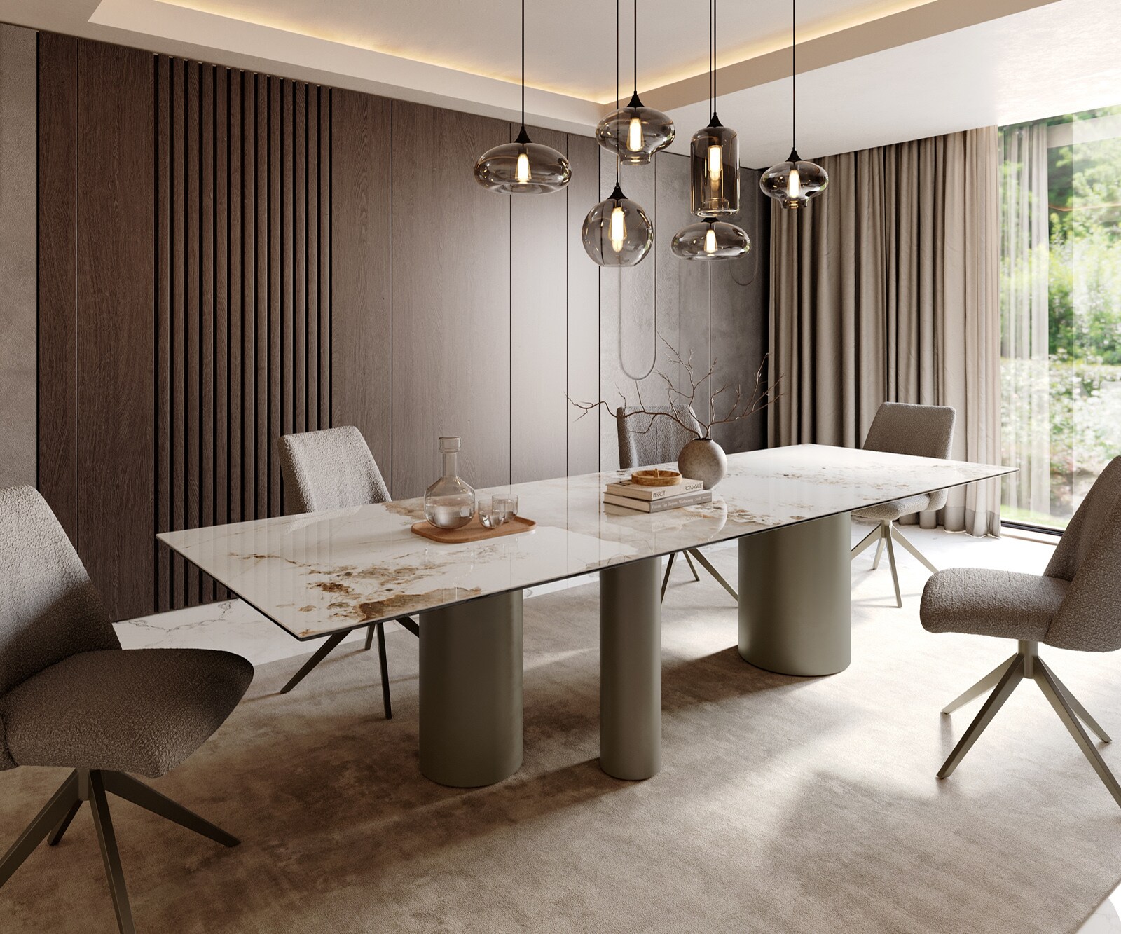 Stół do jadalni Edge 300x100cm ceramika Minas Melange biało-beżowy rama Troa metal kolor tytanowy 1