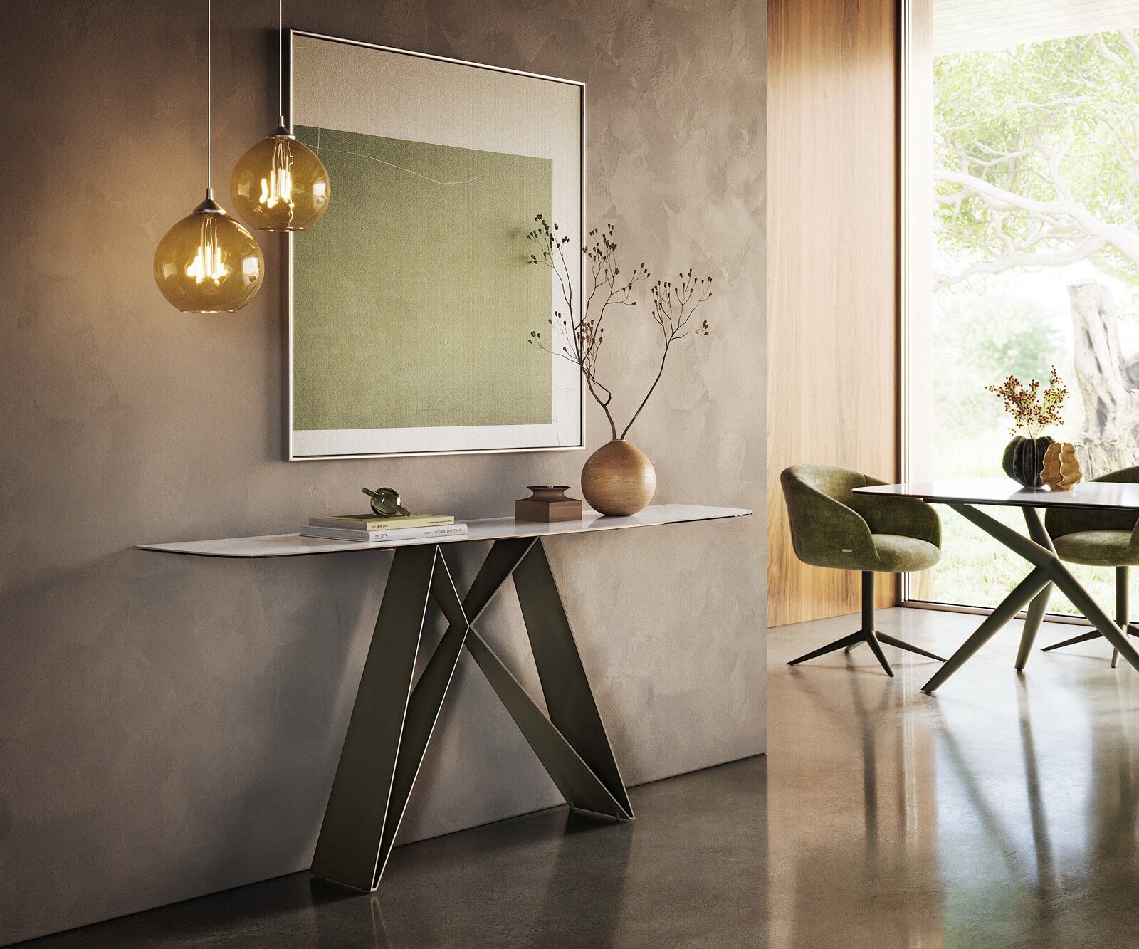 Konsola Edge w kształcie beczki 180x40 cm ceramika Onyx Pearl podstawa Velio metal w kolorze tytanu 7