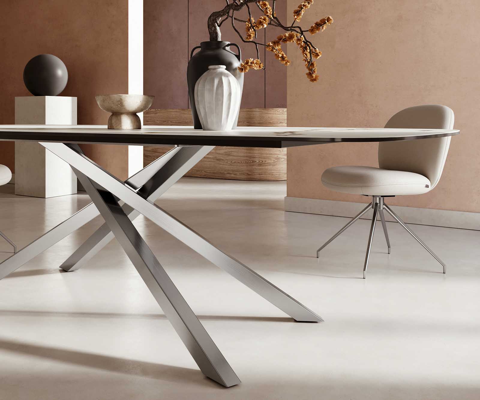 Stół do jadalni Edge kształt beczki 240x120cm ceramika Calacatta Luxe biało-złoto-szary rama Cross stal nierdzewna 5