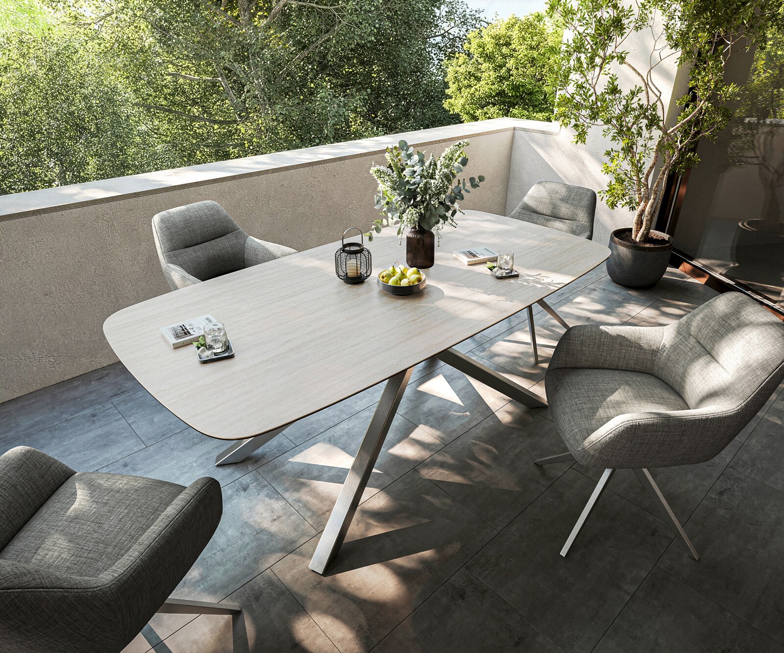 Stół ogrodowy Edge Boot 200x100 cm ceramika Laminam® Travertino Bianco kremowo-biały rama Cross stal nierdzewna 3